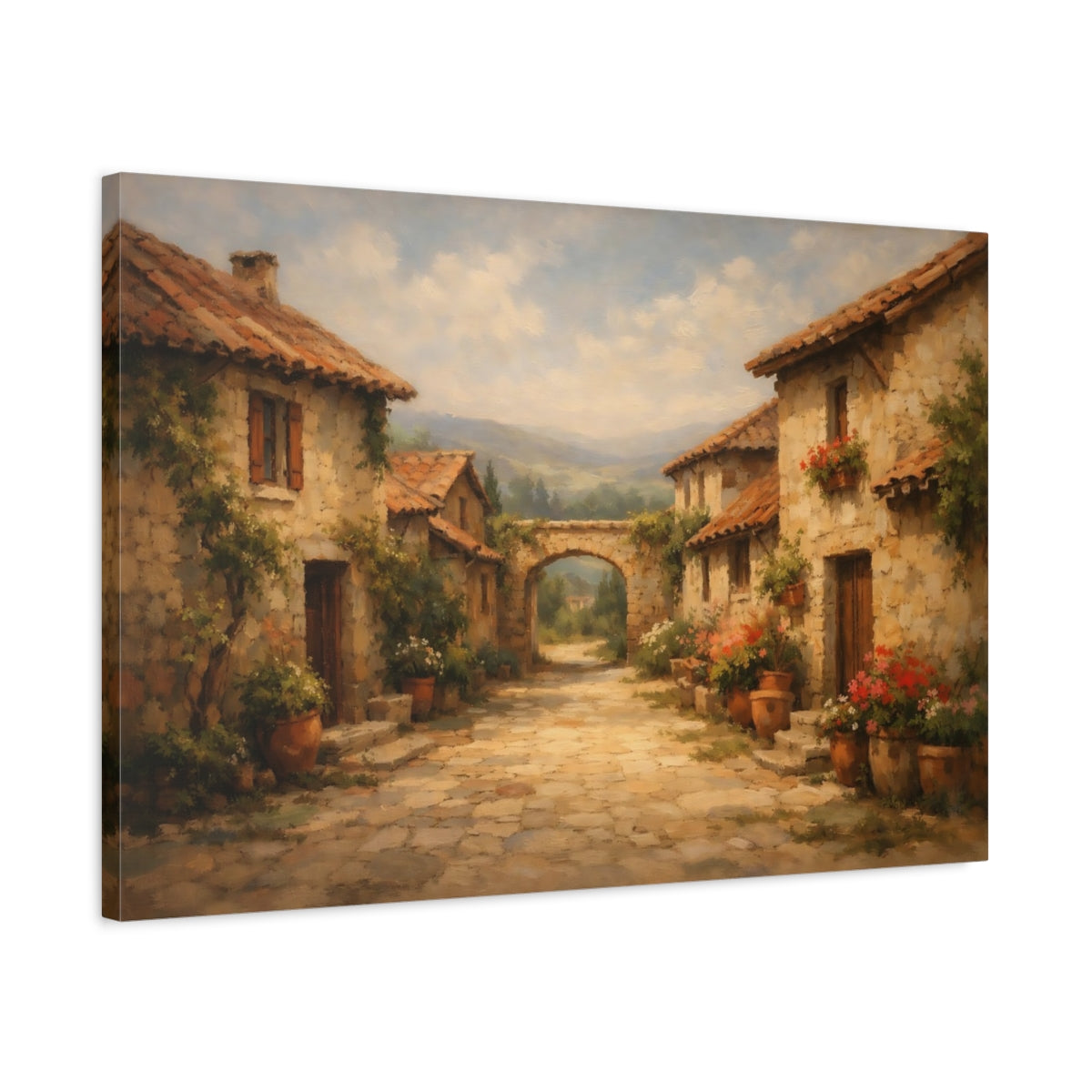 Side Mockup 2. Nature Tuscan Village Tuscan Village shown as stretched canvas wall art
