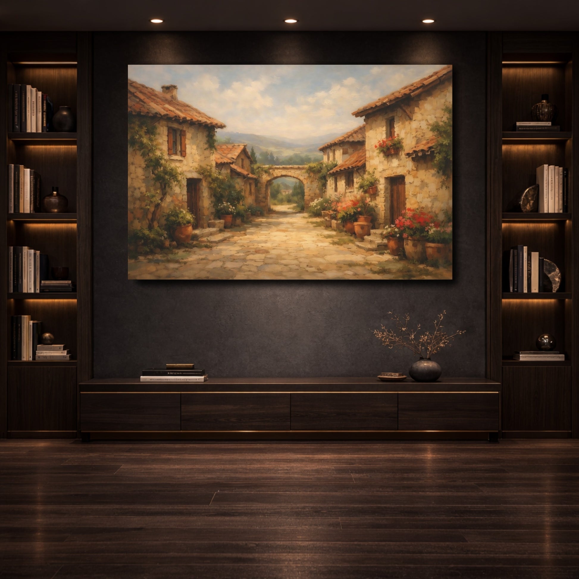 Mockup 3. Nature Tuscan Village Tuscan Village shown as stretched canvas wall art