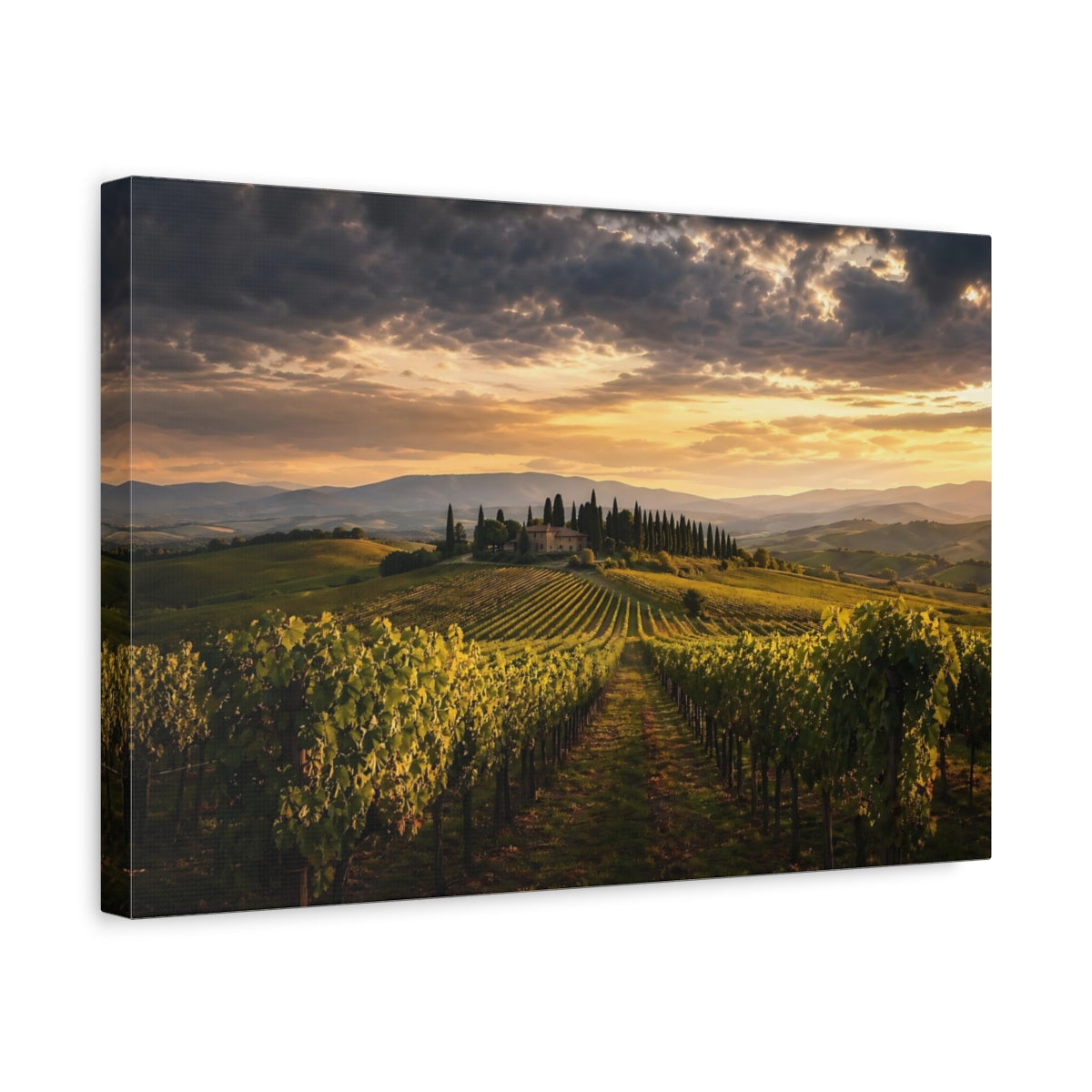 Side Mockup 4. Nature Tuscan Vineyard Golden Tuscan Sunset shown as stretched canvas wall art