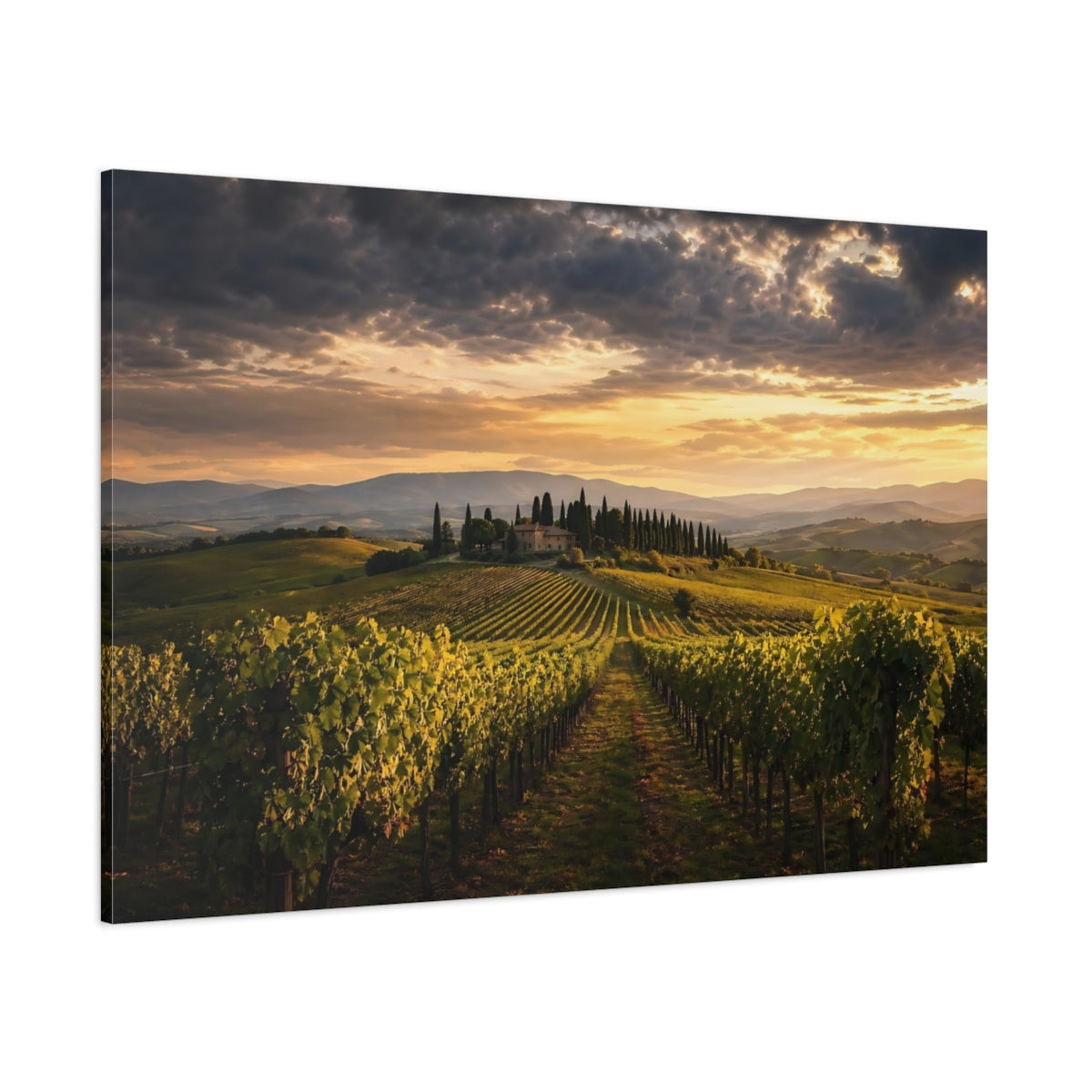 Side Mockup 1. Nature Tuscan Vineyard Golden Tuscan Sunset shown as stretched canvas wall art