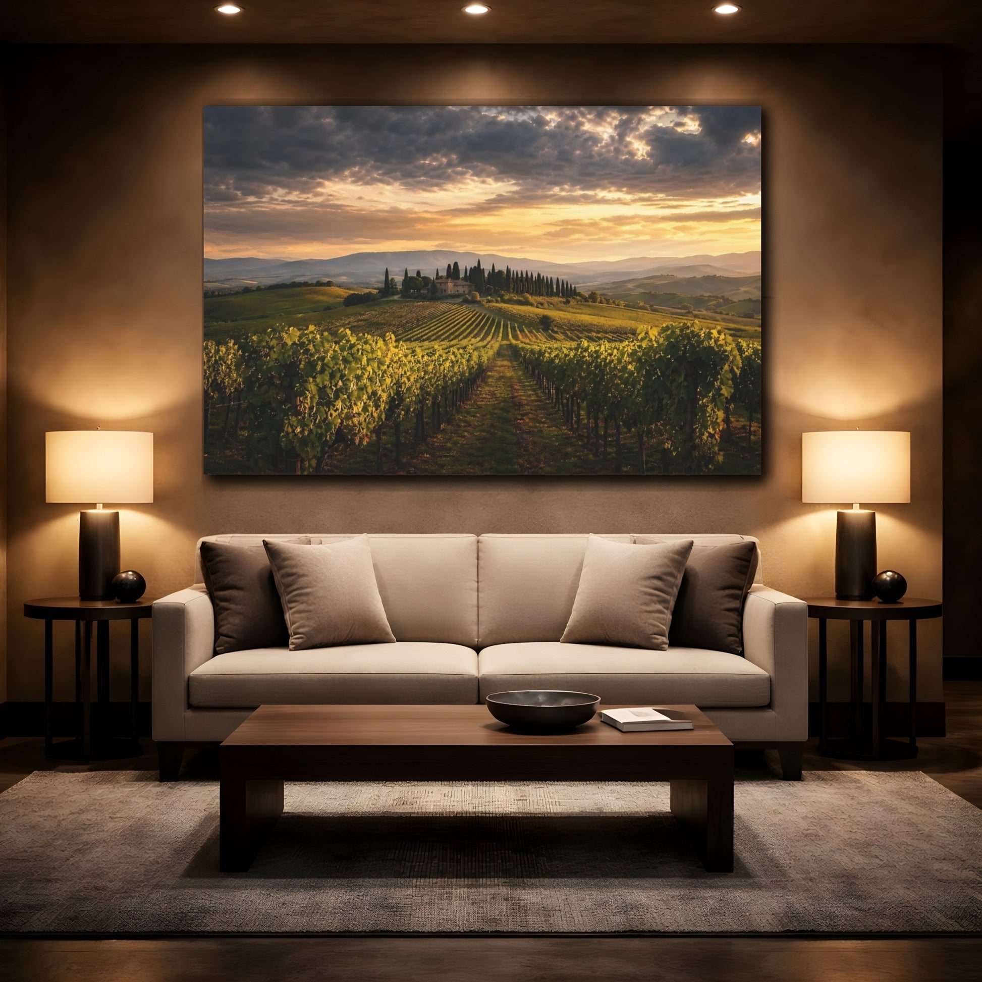 Mockup 2. Nature Tuscan Vineyard Golden Tuscan Sunset shown as stretched canvas wall art