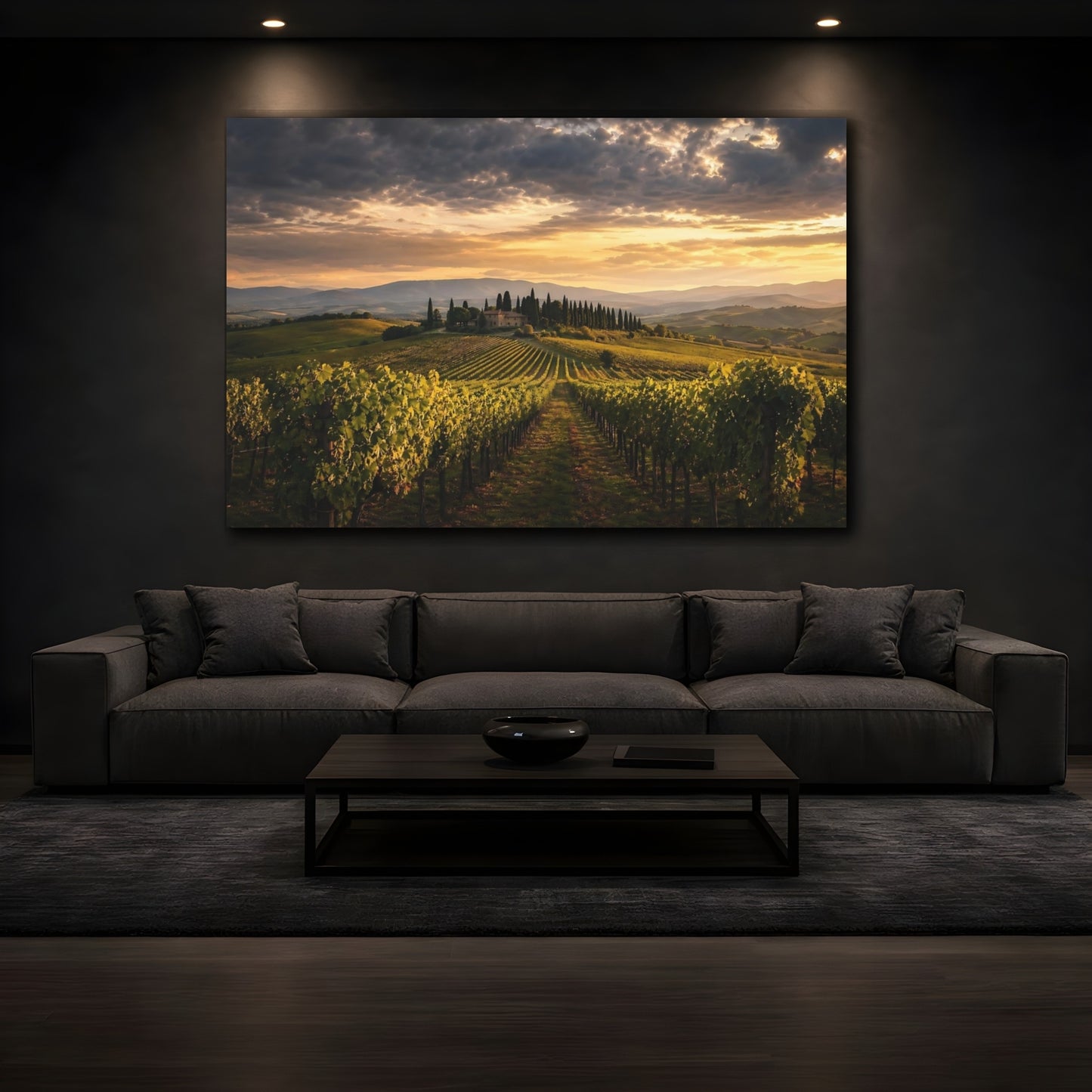 Mockup 3. Nature Tuscan Vineyard Golden Tuscan Sunset shown as stretched canvas wall art