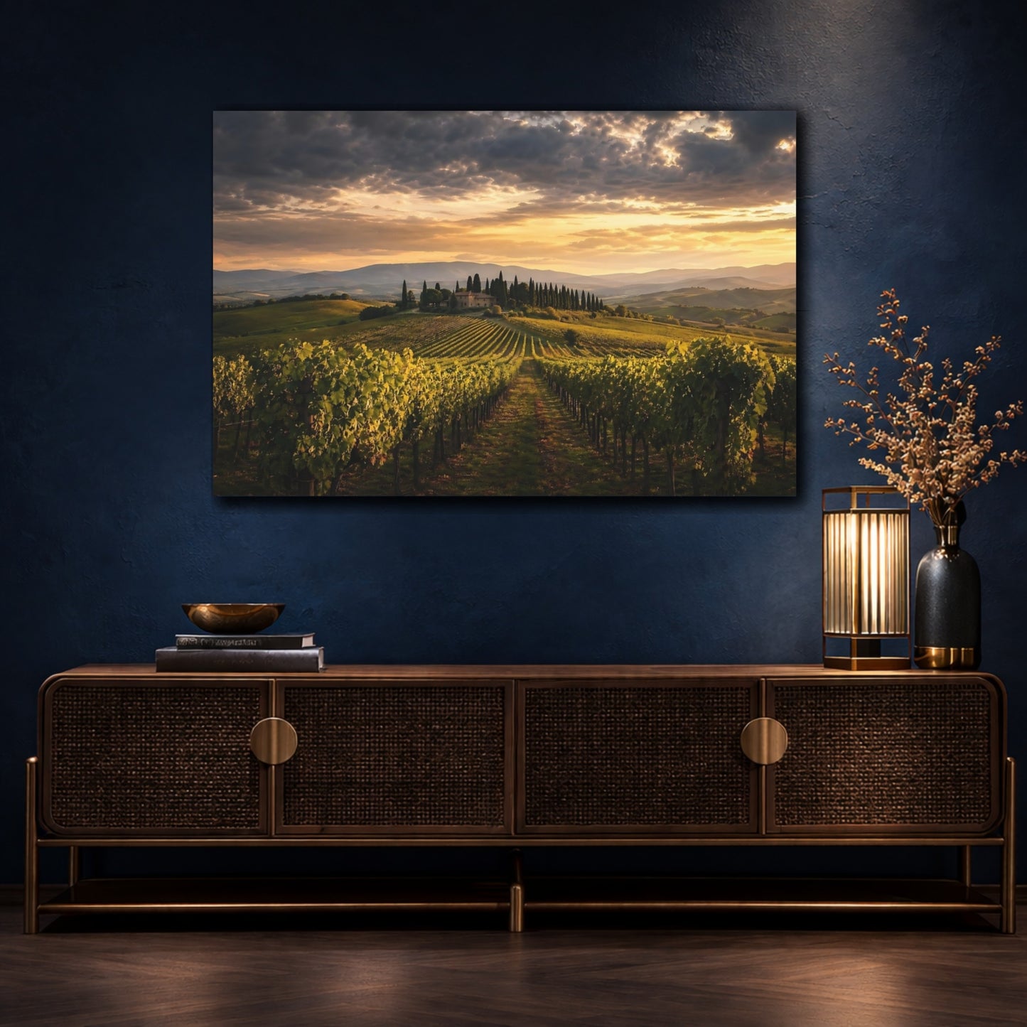 Mockup 4. Nature Tuscan Vineyard Golden Tuscan Sunset shown as stretched canvas wall art