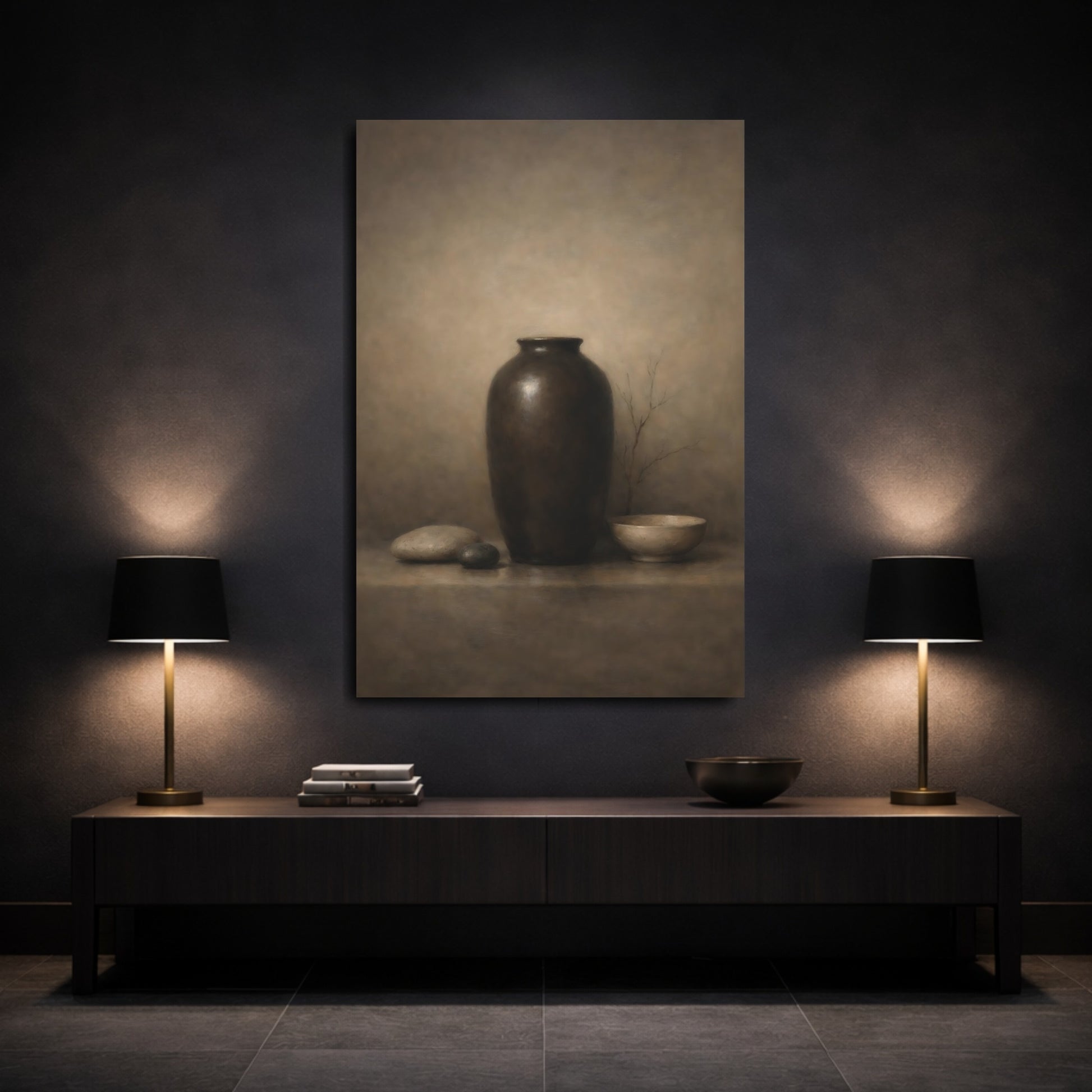 Mockup 2. Nature Vase Brown Still Life shown as stretched canvas wall art