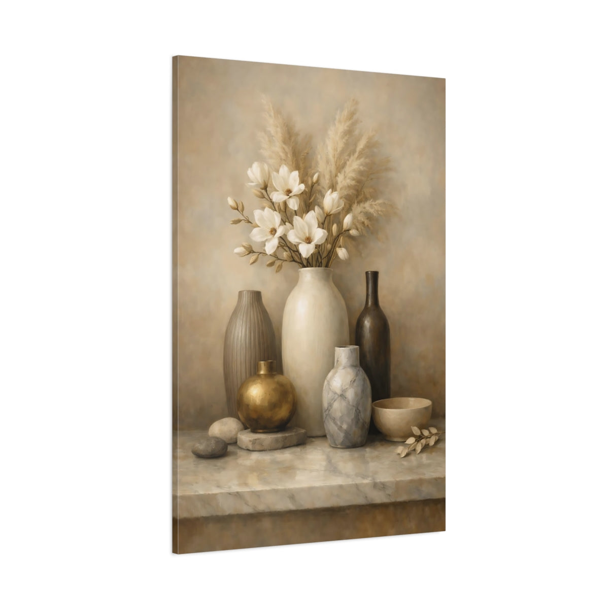 Main Mockup. Nature Vase Flowers Neutral Floral Still Life shown as stretched canvas wall art