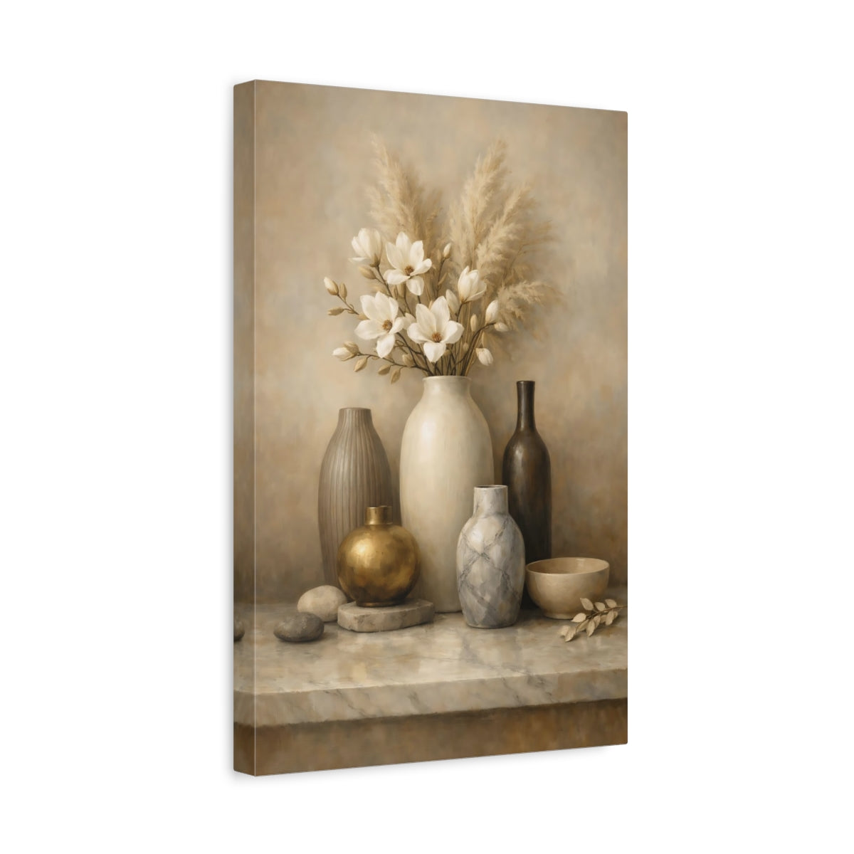 Side Mockup 4. Nature Vase Flowers Neutral Floral Still Life shown as stretched canvas wall art