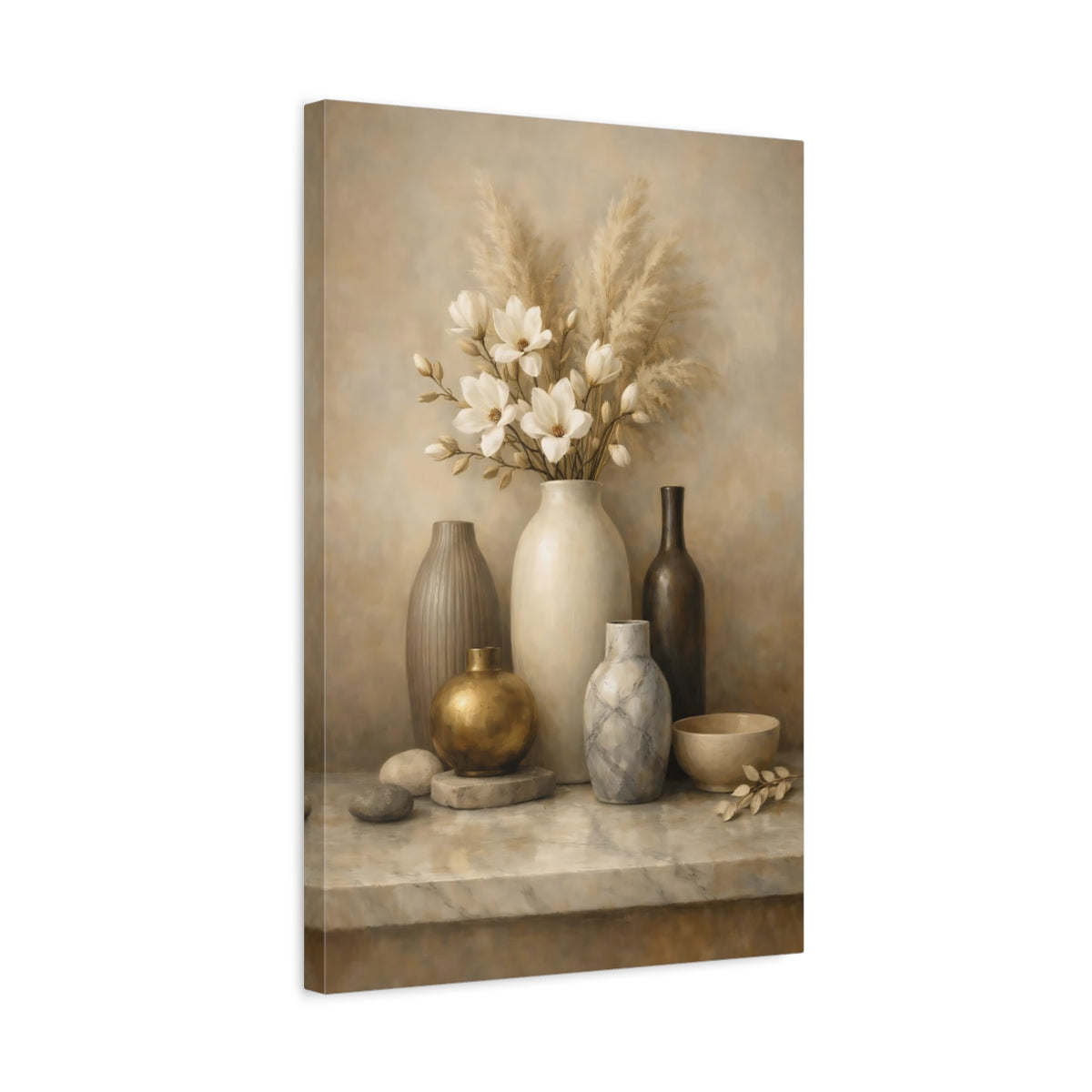 Side Mockup 3. Nature Vase Flowers Neutral Floral Still Life shown as stretched canvas wall art