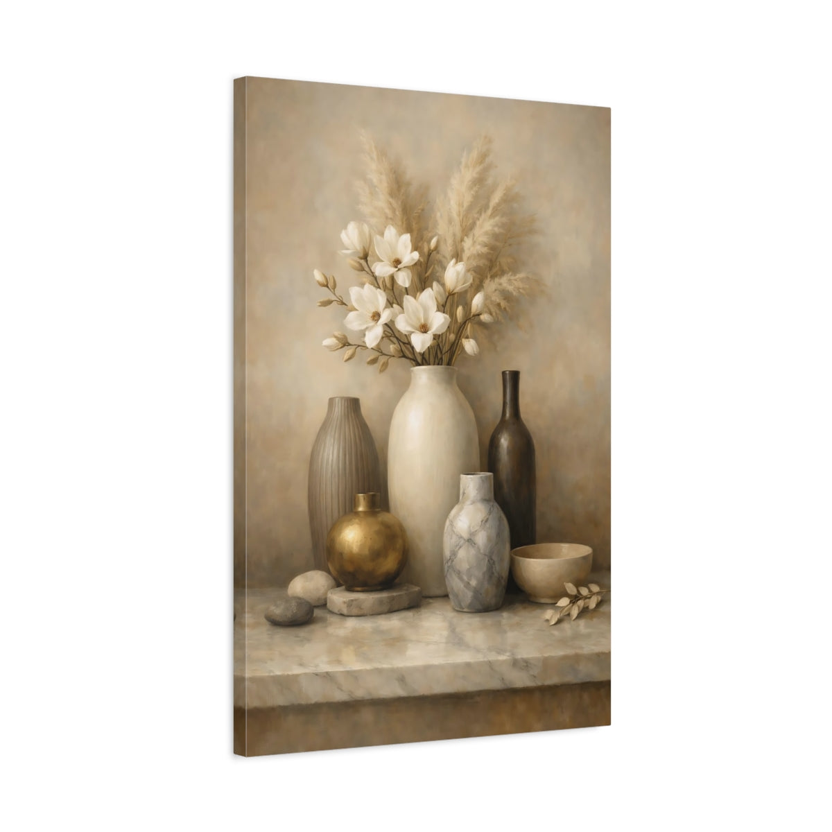 Side Mockup 2. Nature Vase Flowers Neutral Floral Still Life shown as stretched canvas wall art