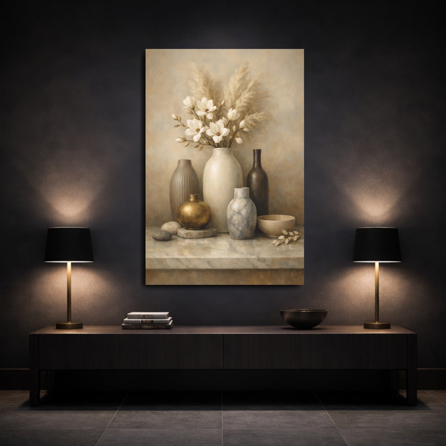 Mockup 2. Nature Vase Flowers Neutral Floral Still Life shown as stretched canvas wall art