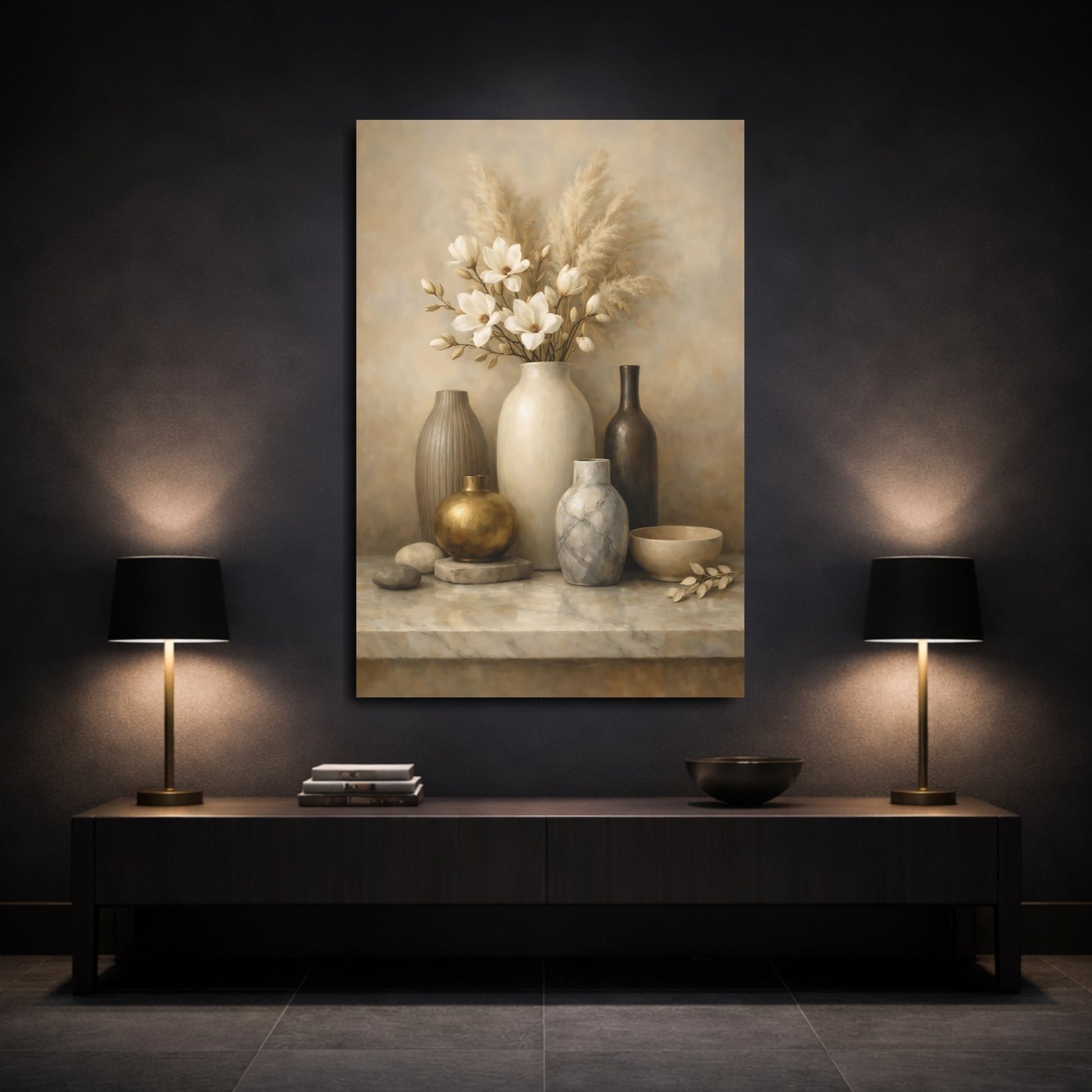 Mockup 2. Nature Vase Flowers Neutral Floral Still Life shown as stretched canvas wall art