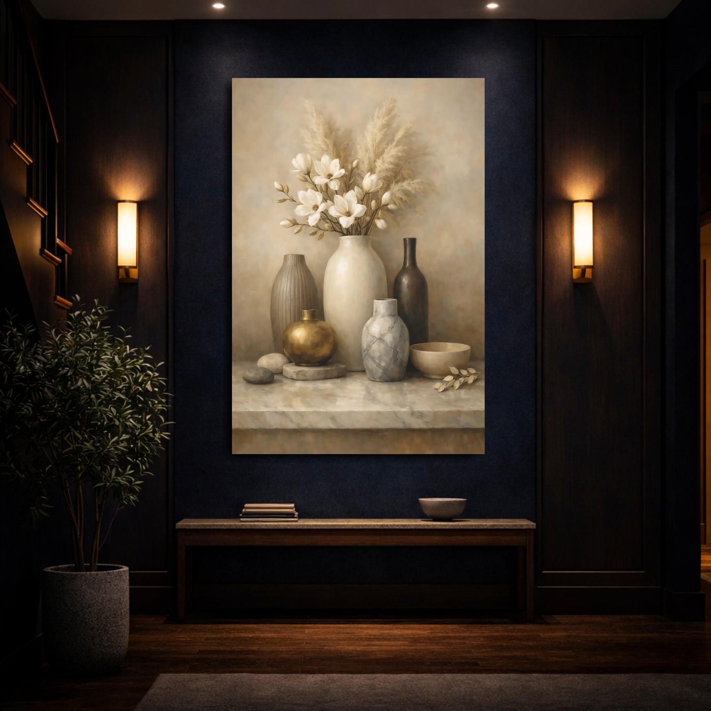 Mockup 3. Nature Vase Flowers Neutral Floral Still Life shown as stretched canvas wall art