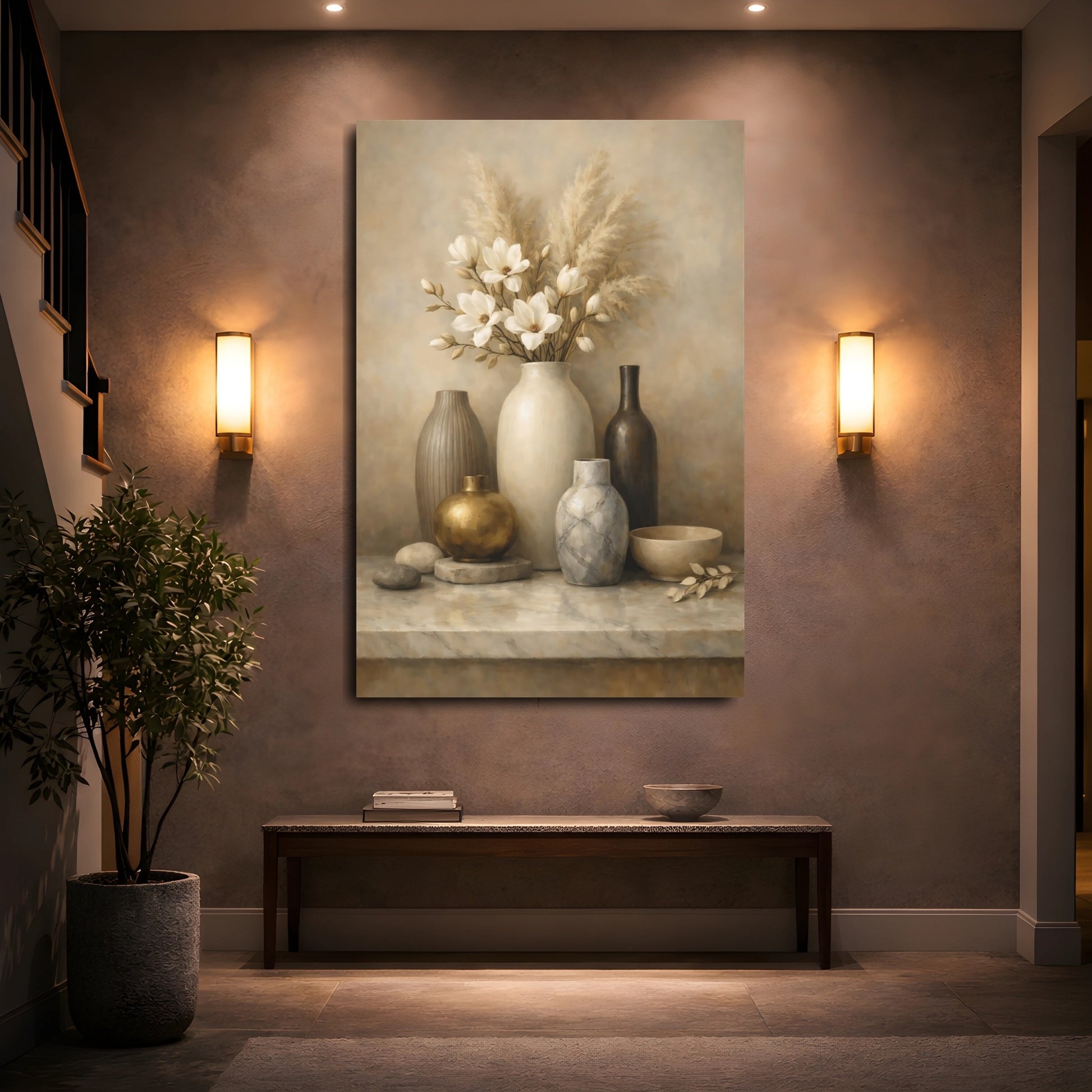 Mockup 4. Nature Vase Flowers Neutral Floral Still Life shown as stretched canvas wall art