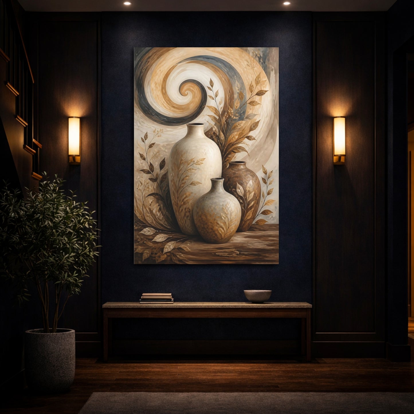 Mockup 4. Nature Vases Brown And Beige shown as stretched canvas wall art
