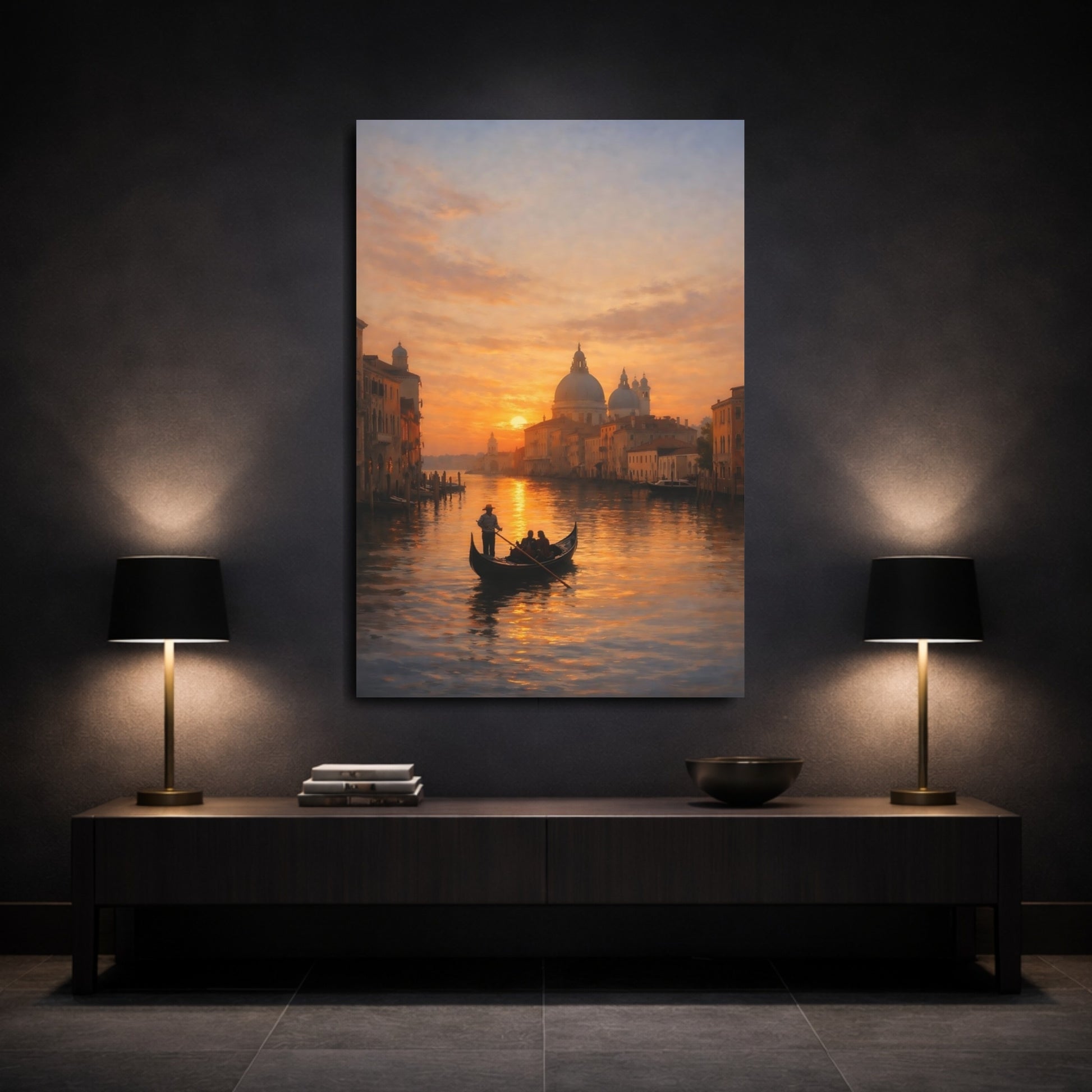 Mockup 2. Nature Venice Sunset Venice Sunset shown as stretched canvas wall art