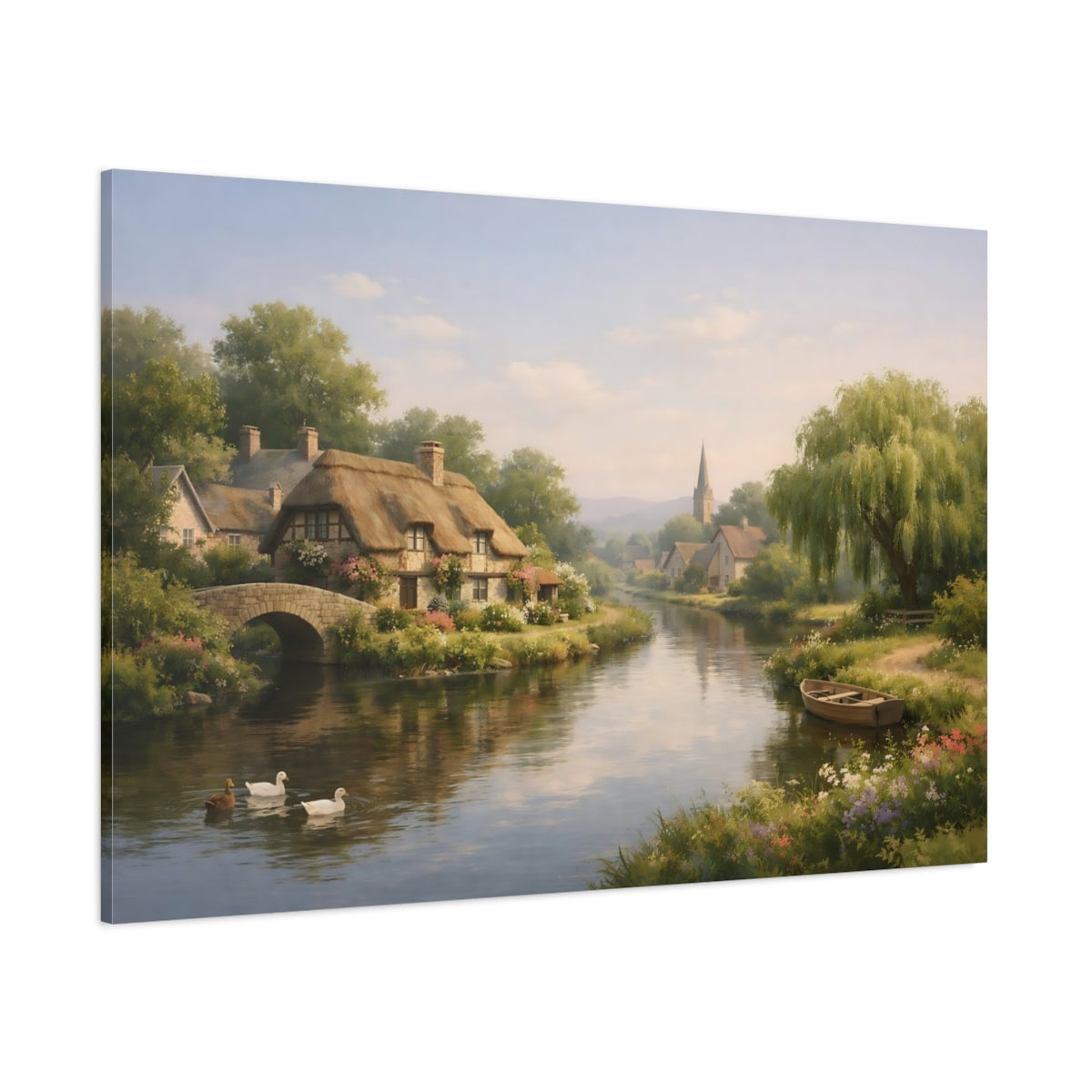 Main Mockup. Nature Village Canal shown as stretched canvas wall art