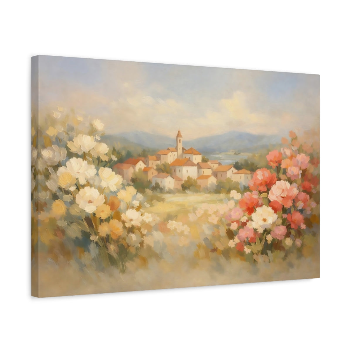 Side Mockup 3. Nature Village Landscape Italian Village Landscape shown as stretched canvas wall art