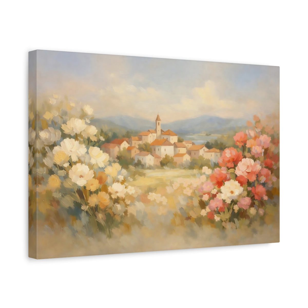 Side Mockup 4. Nature Village Landscape Italian Village Landscape shown as stretched canvas wall art