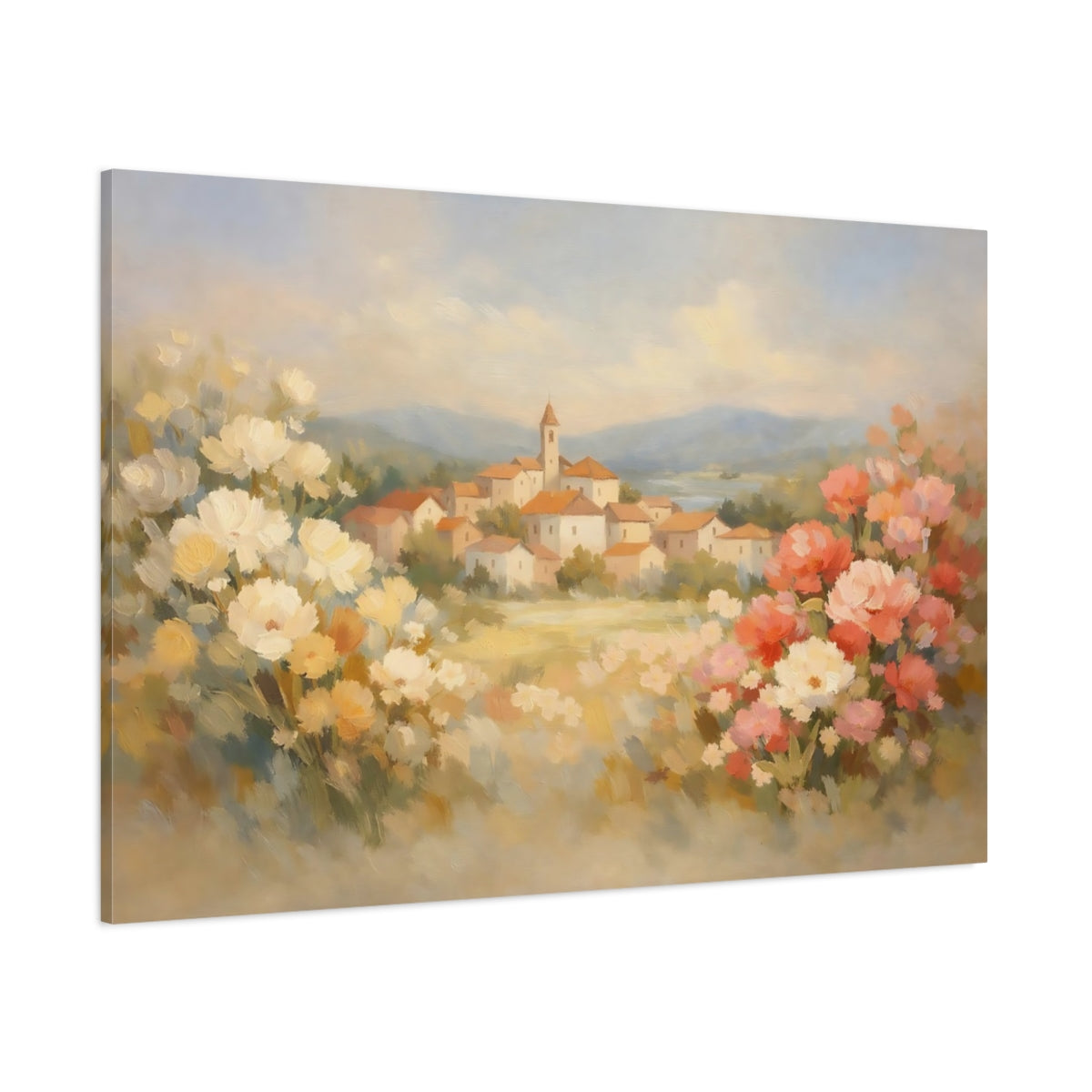 Main Mockup. Nature Village Landscape Italian Village Landscape shown as stretched canvas wall art