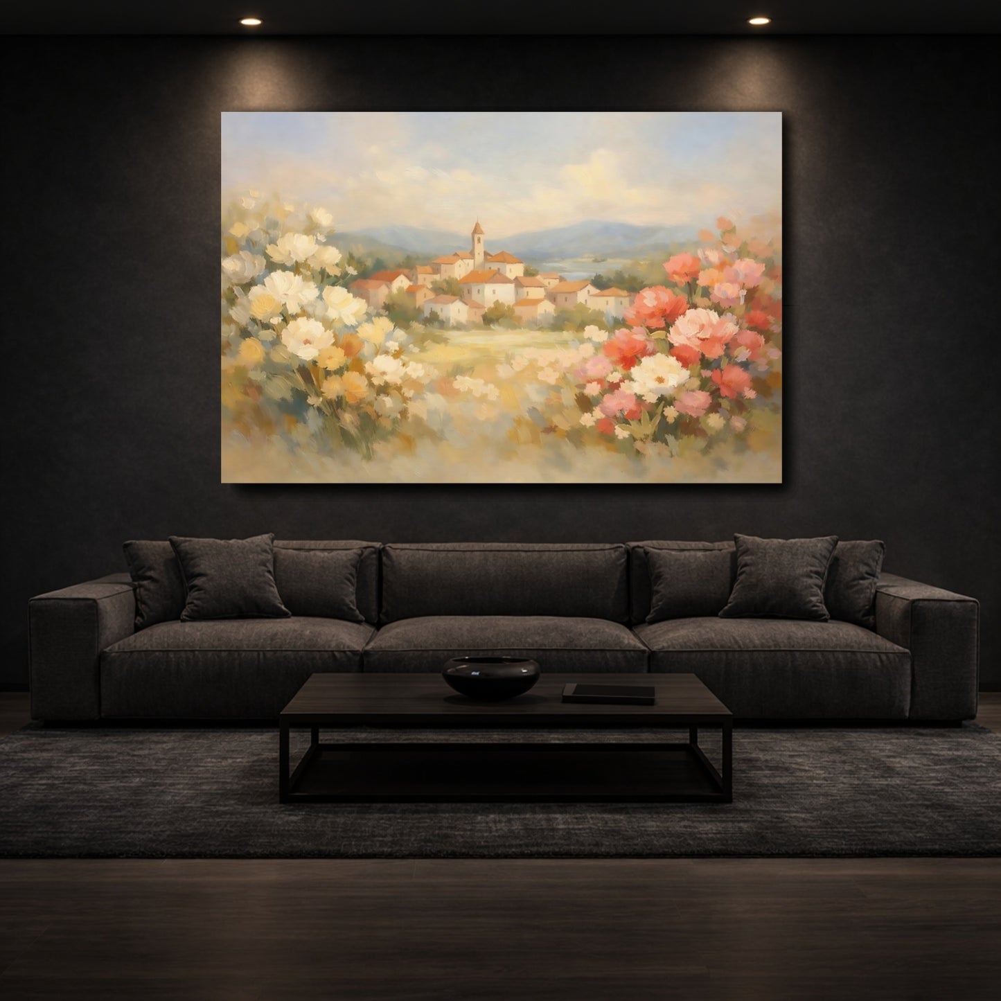Mockup 2. Nature Village Landscape Italian Village Landscape shown as stretched canvas wall art