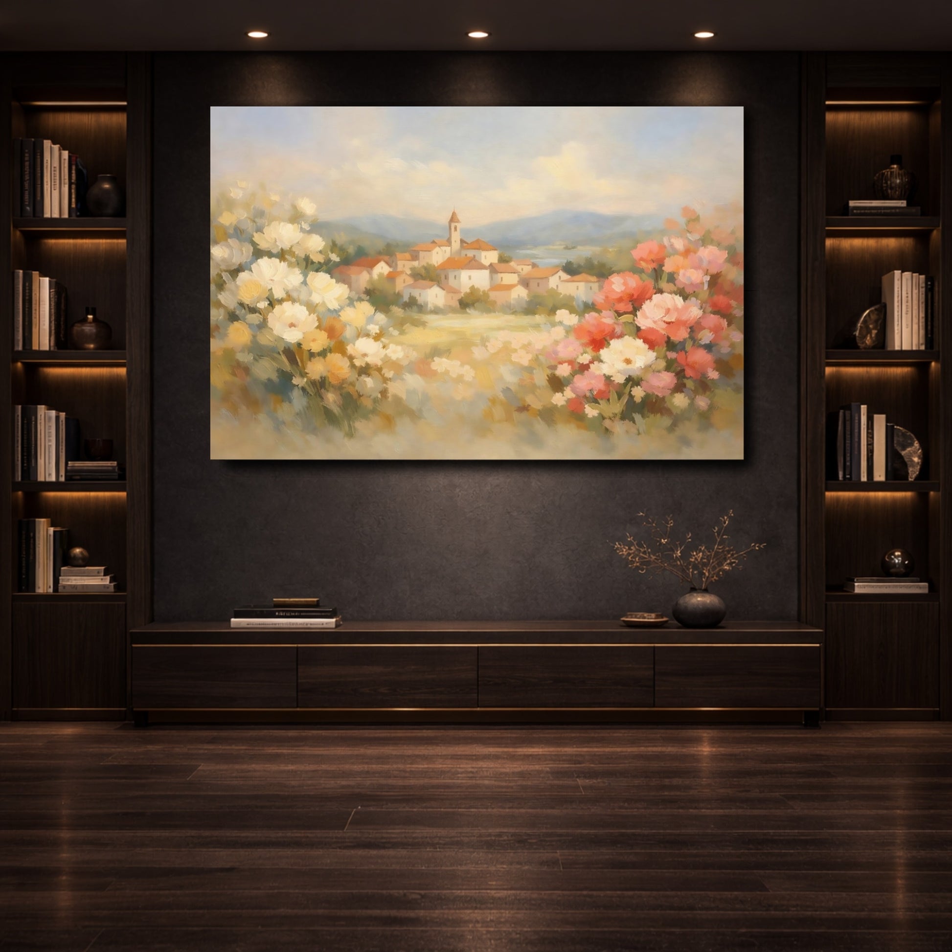 Mockup 3. Nature Village Landscape Italian Village Landscape shown as stretched canvas wall art