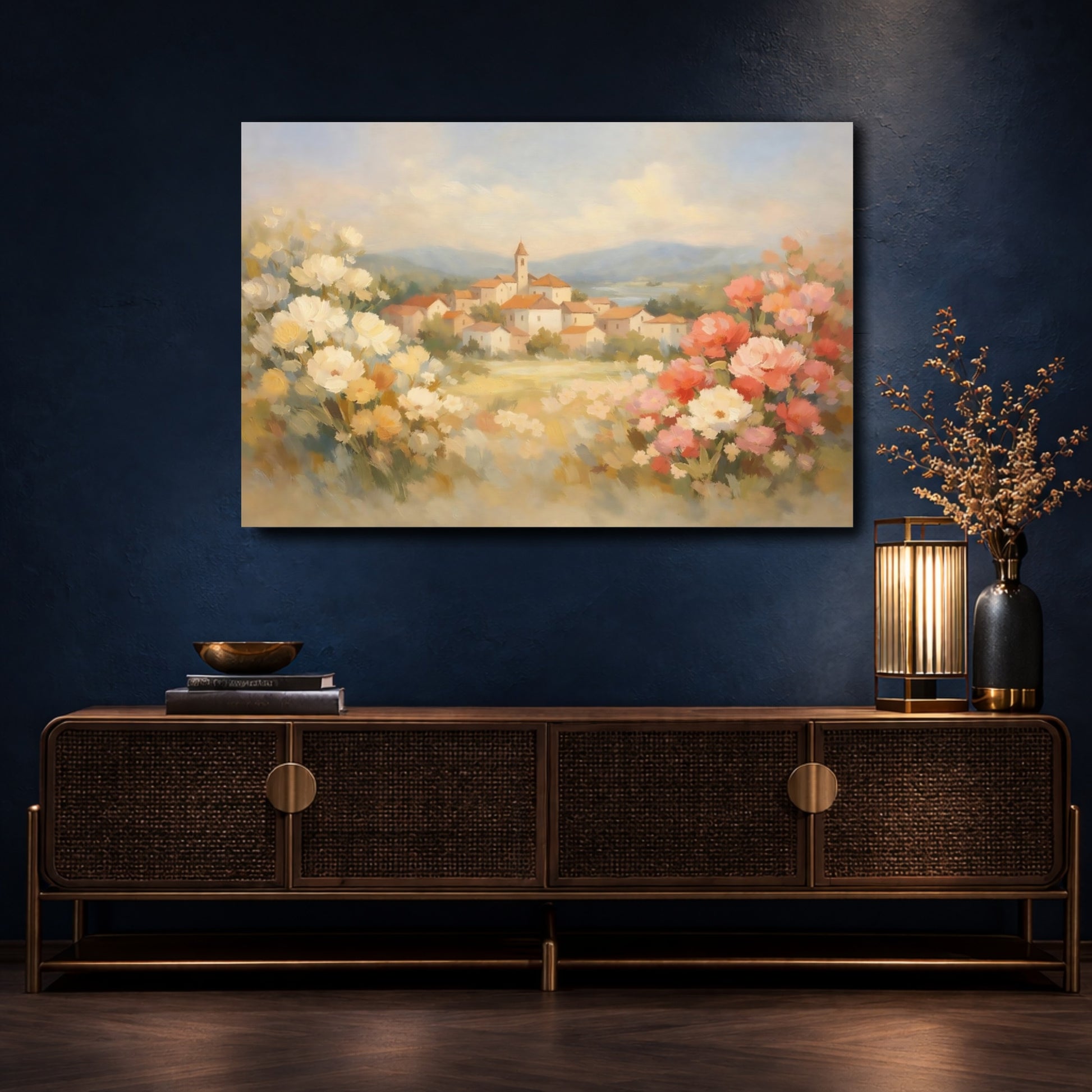 Mockup 4. Nature Village Landscape Italian Village Landscape shown as stretched canvas wall art