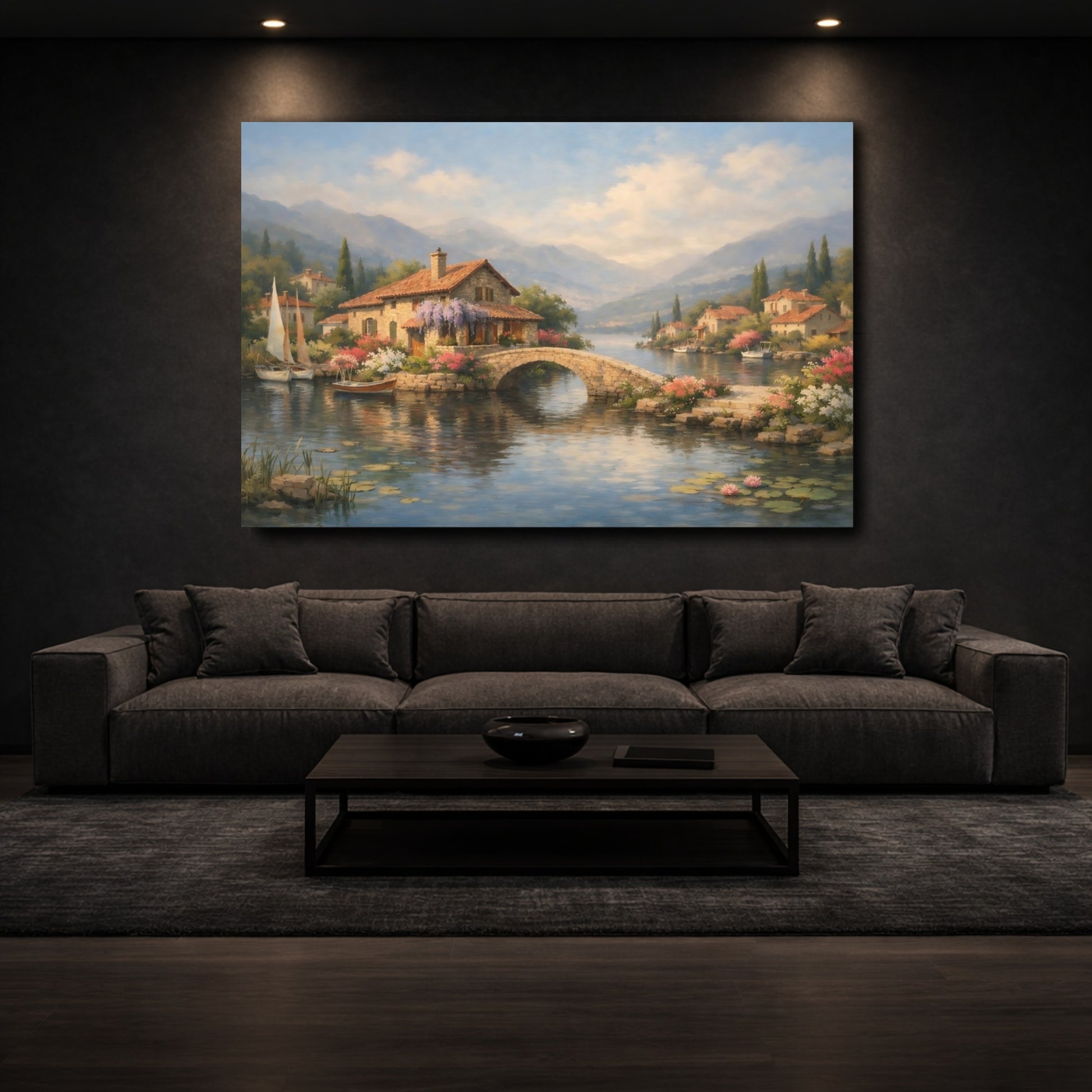 Mockup 2. Nature Village Landscape Lakeside Village shown as stretched canvas wall art