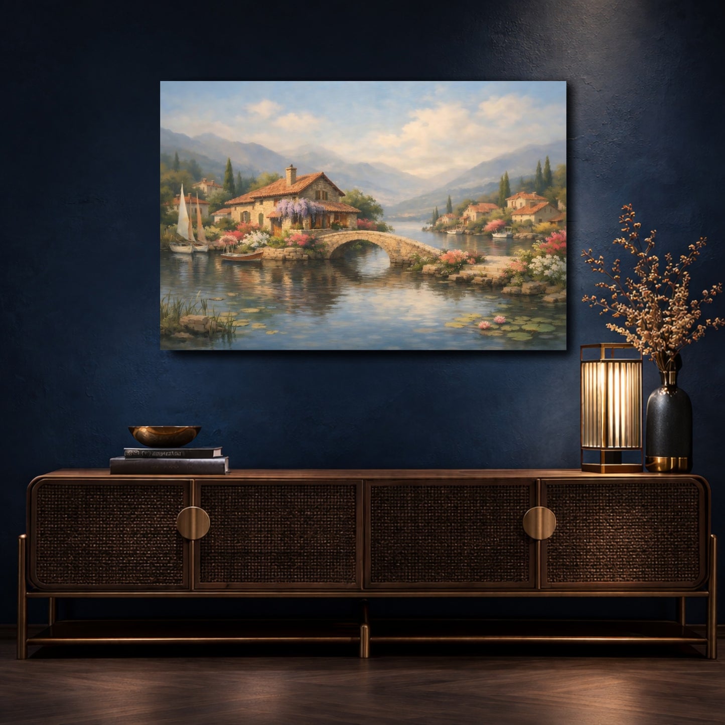 Mockup 4. Nature Village Landscape Lakeside Village shown as stretched canvas wall art