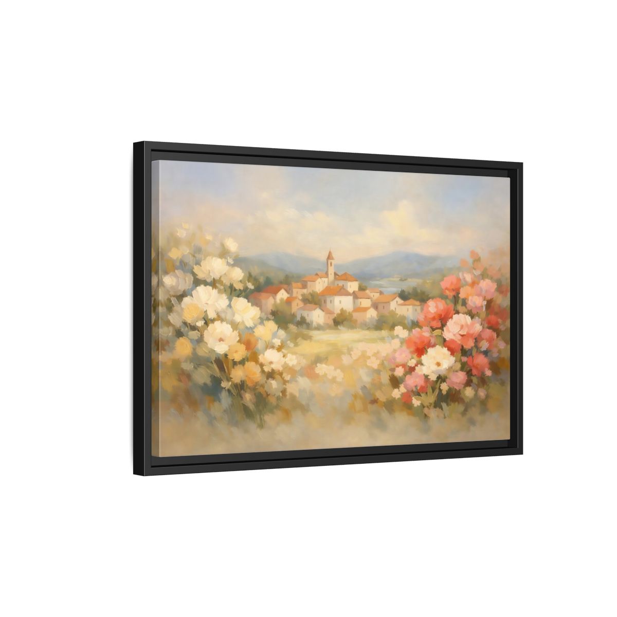Side Mockup 3. Nature Village Landscape Pastel Village Landscape shown as stretched canvas wall art