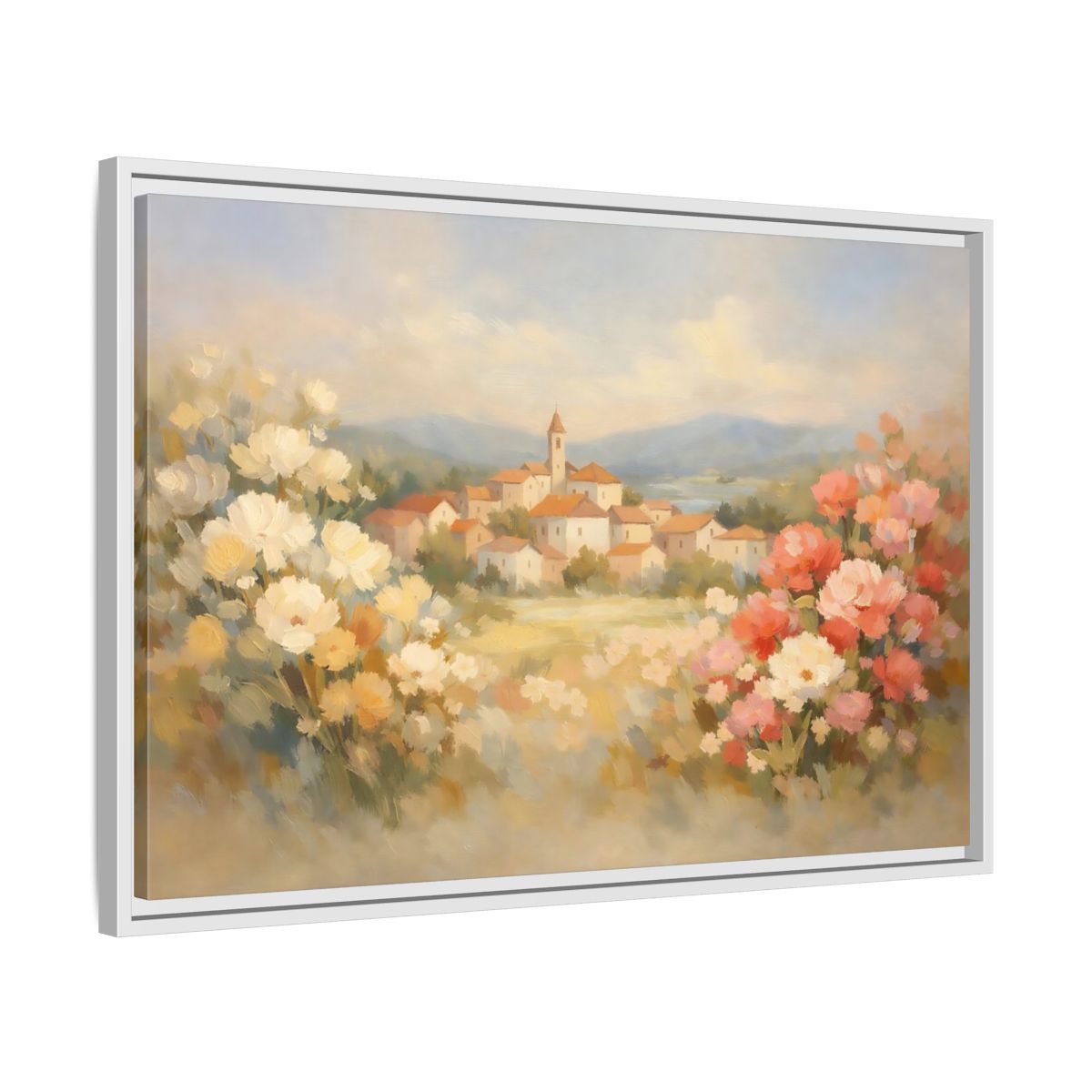 Side Mockup 10. Nature Village Landscape Pastel Village Landscape shown as stretched canvas wall art