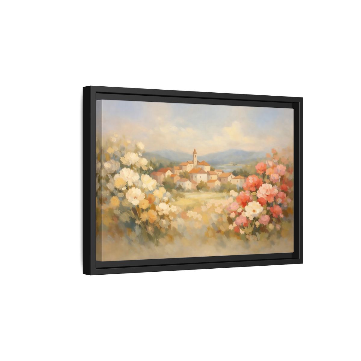 Side Mockup 6. Nature Village Landscape Pastel Village Landscape shown as stretched canvas wall art