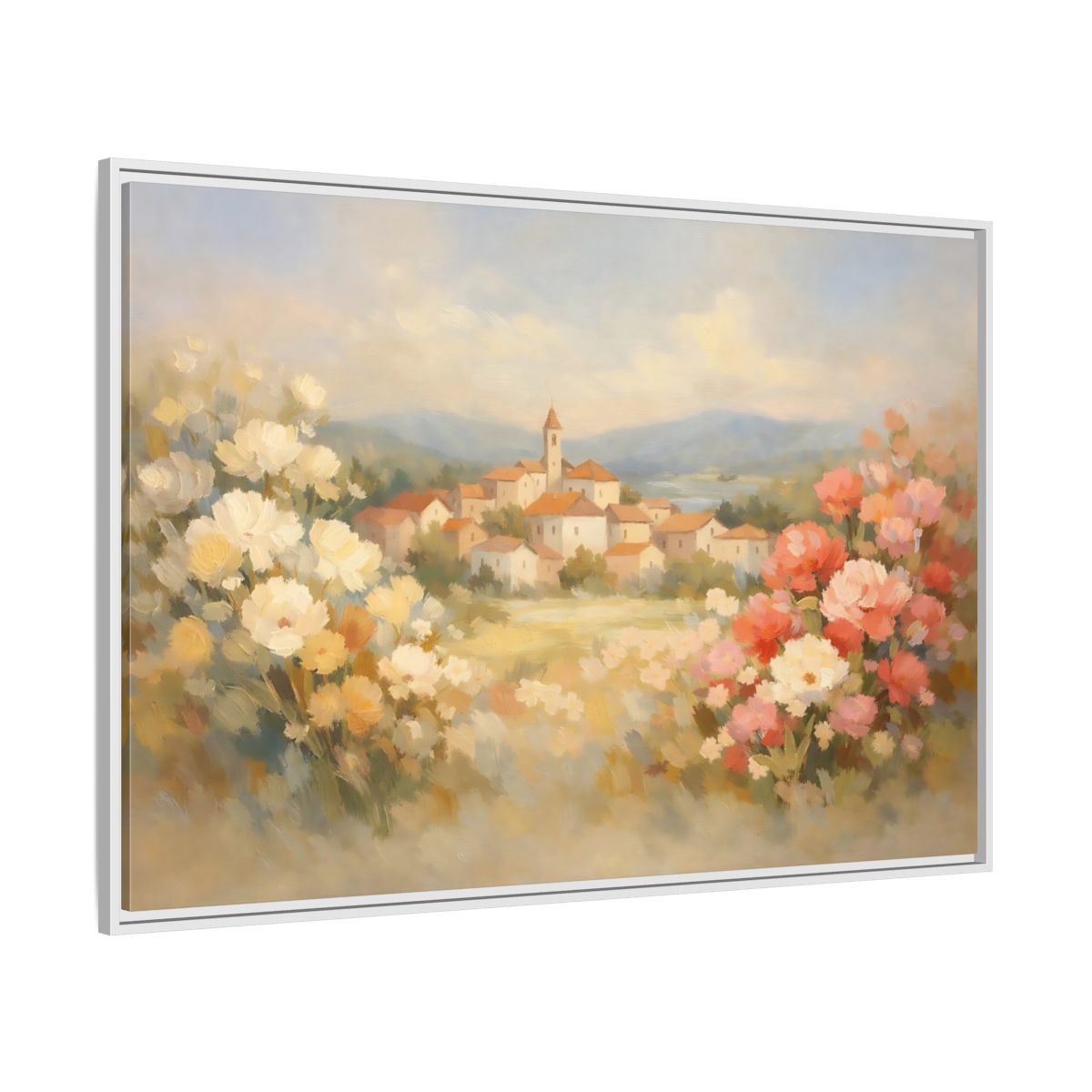 Side Mockup 7. Nature Village Landscape Pastel Village Landscape shown as stretched canvas wall art