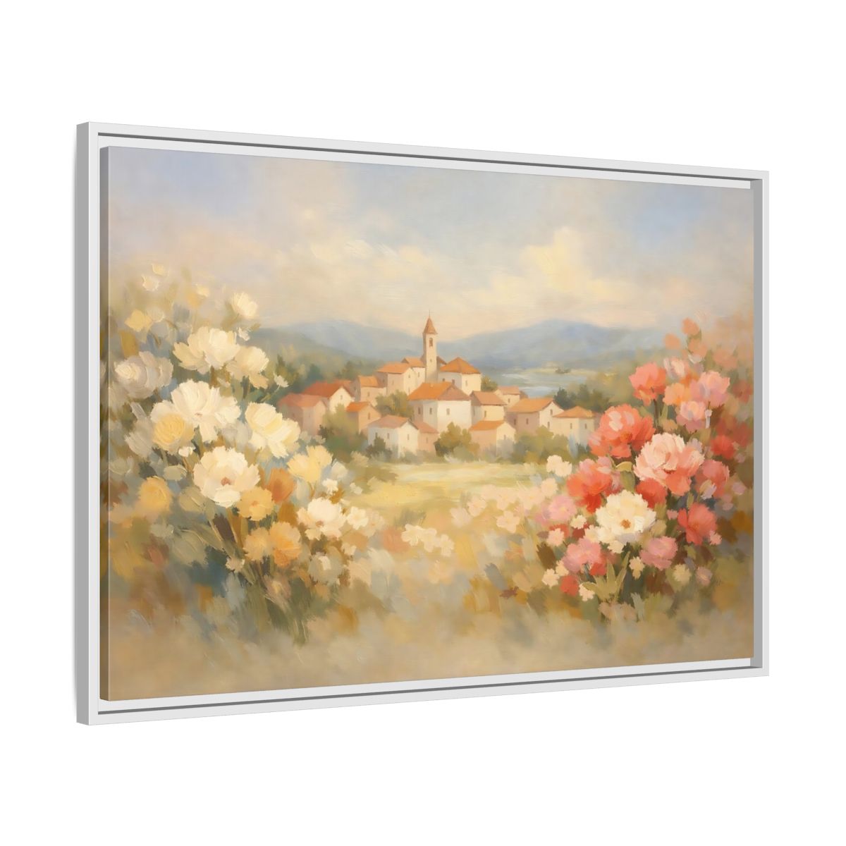 Side Mockup 8. Nature Village Landscape Pastel Village Landscape shown as stretched canvas wall art