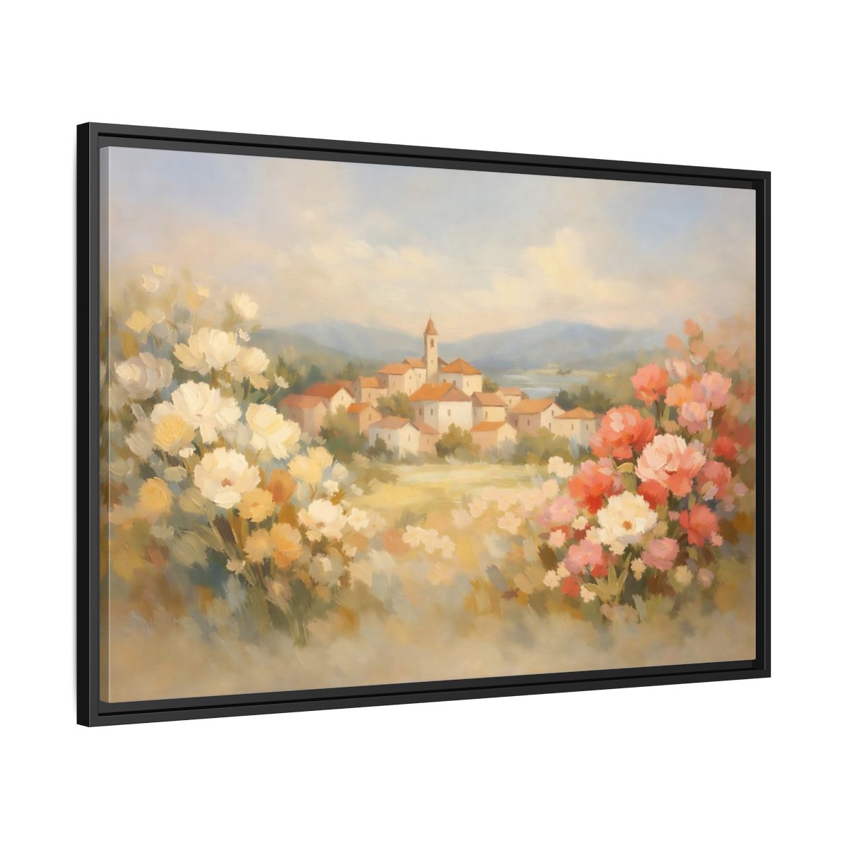 Side Mockup 13. Nature Village Landscape Pastel Village Landscape shown as stretched canvas wall art
