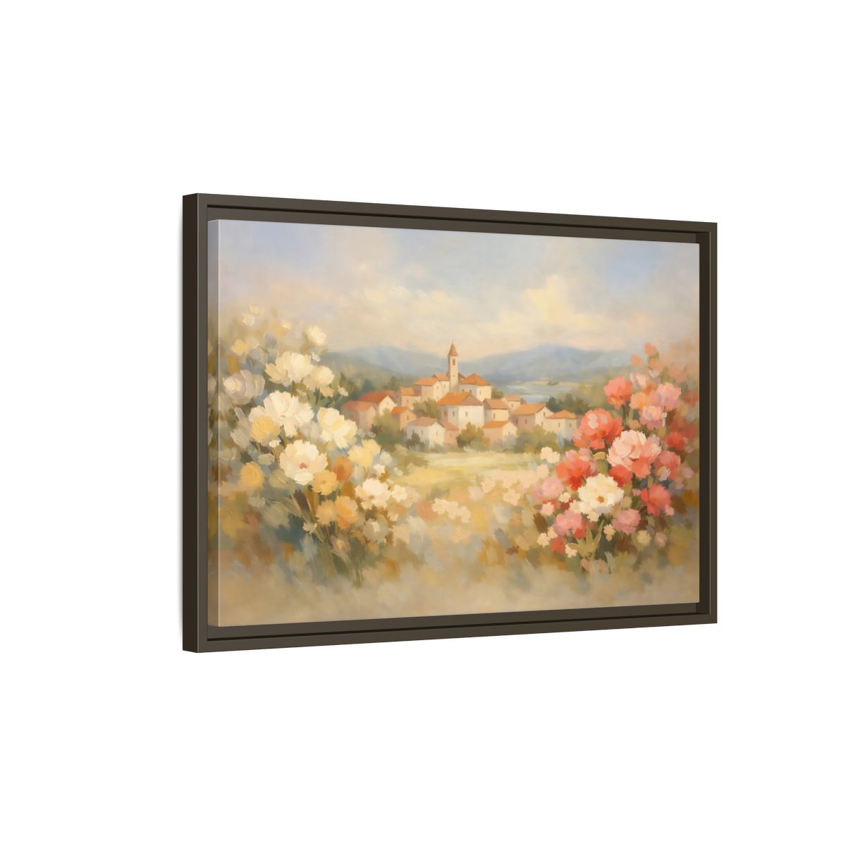 Side Mockup 2. Nature Village Landscape Pastel Village Landscape shown as stretched canvas wall art