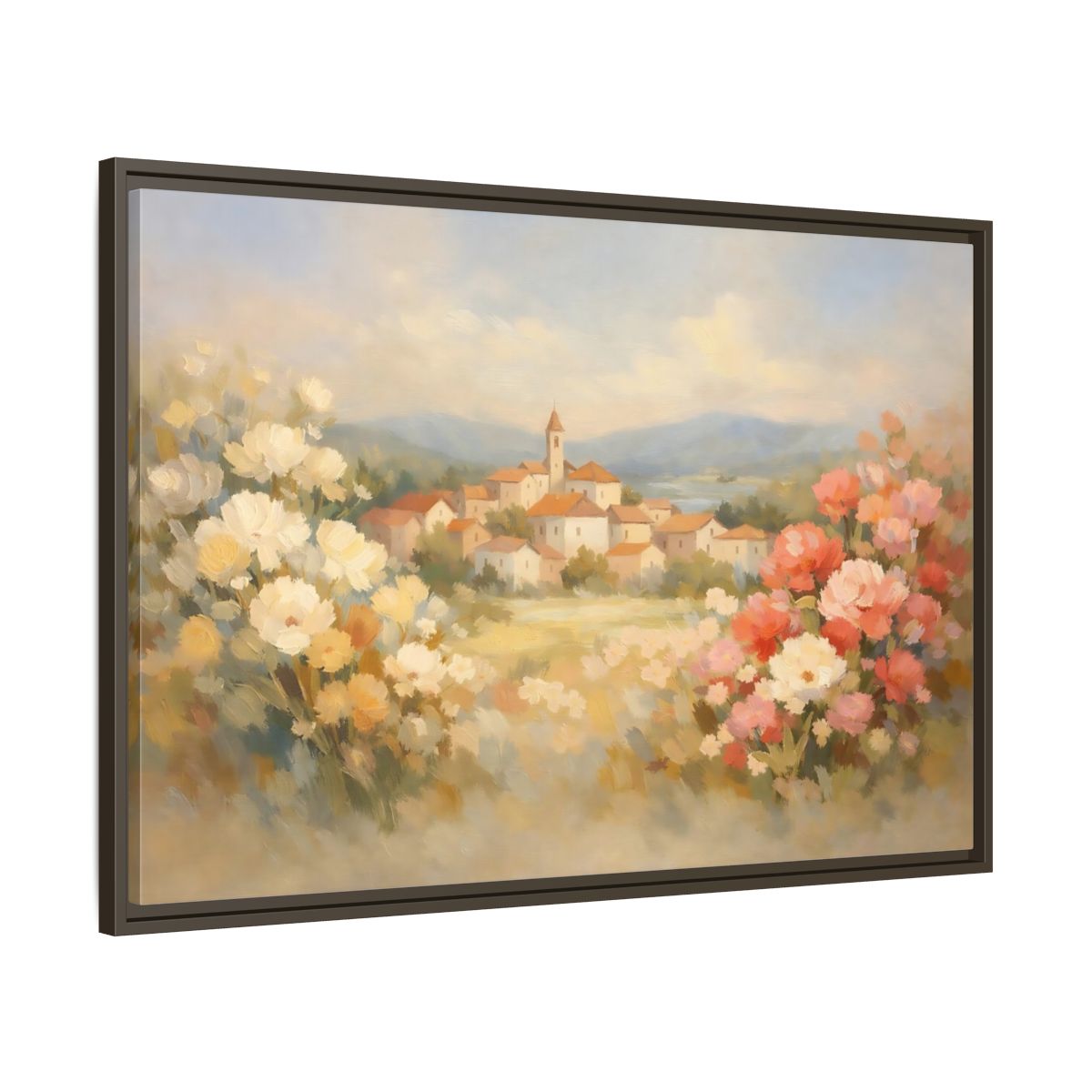 Side Mockup 9. Nature Village Landscape Pastel Village Landscape shown as stretched canvas wall art