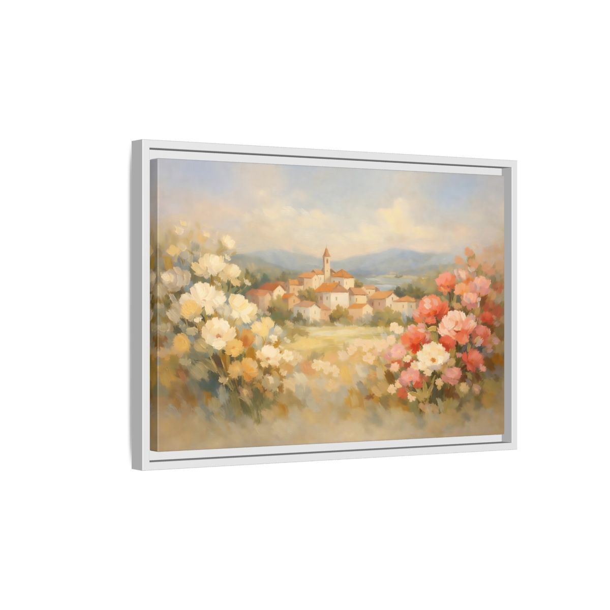 Side Mockup 1. Nature Village Landscape Pastel Village Landscape shown as stretched canvas wall art