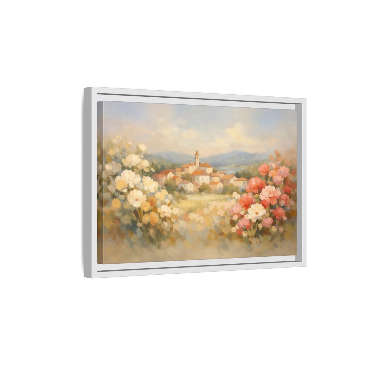 Side Mockup 4. Nature Village Landscape Pastel Village Landscape shown as stretched canvas wall art