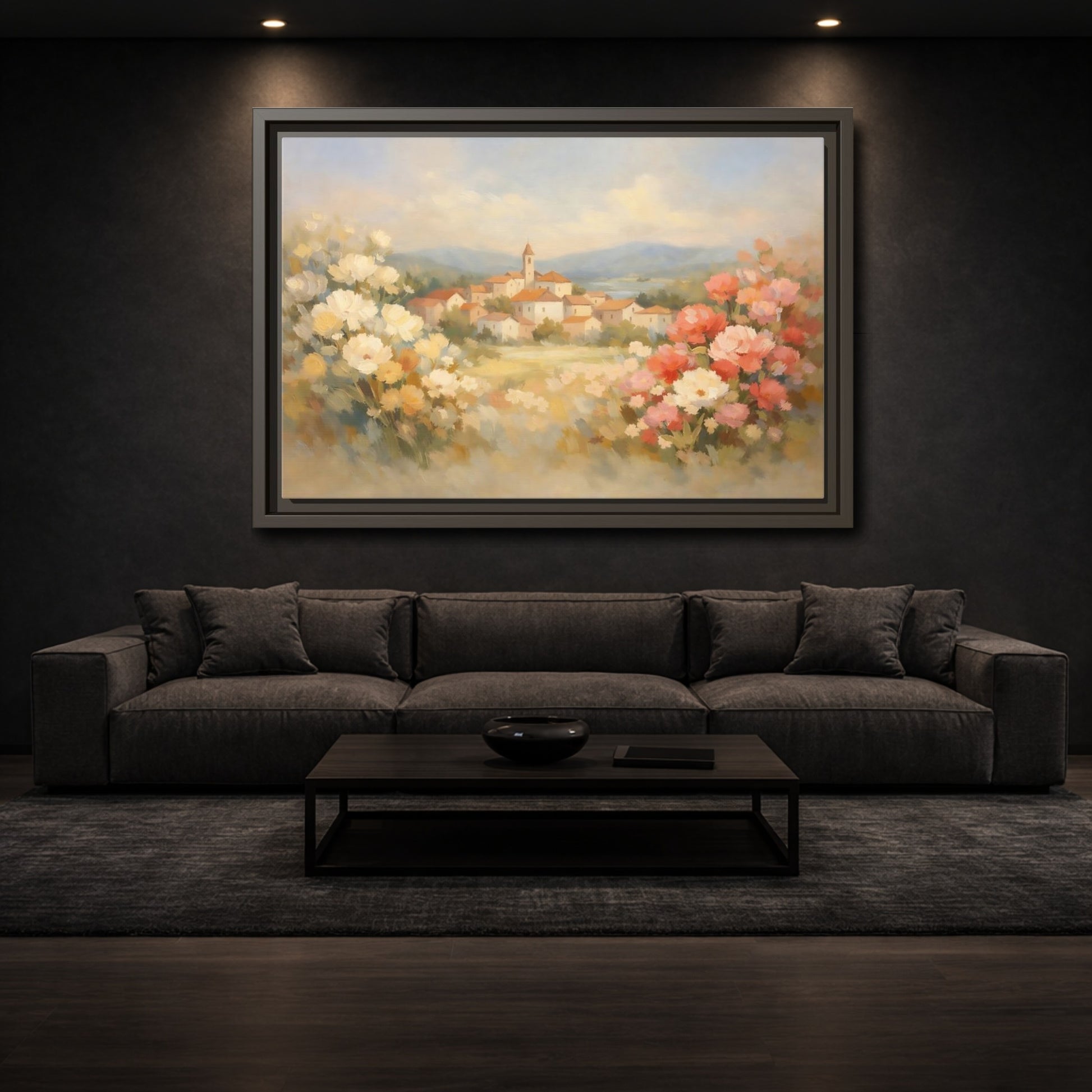 Mockup 2. Nature Village Landscape Pastel Village Landscape shown as stretched canvas wall art