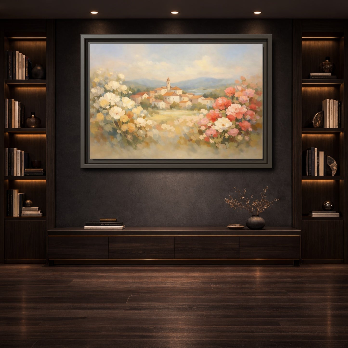 Mockup 3. Nature Village Landscape Pastel Village Landscape shown as stretched canvas wall art