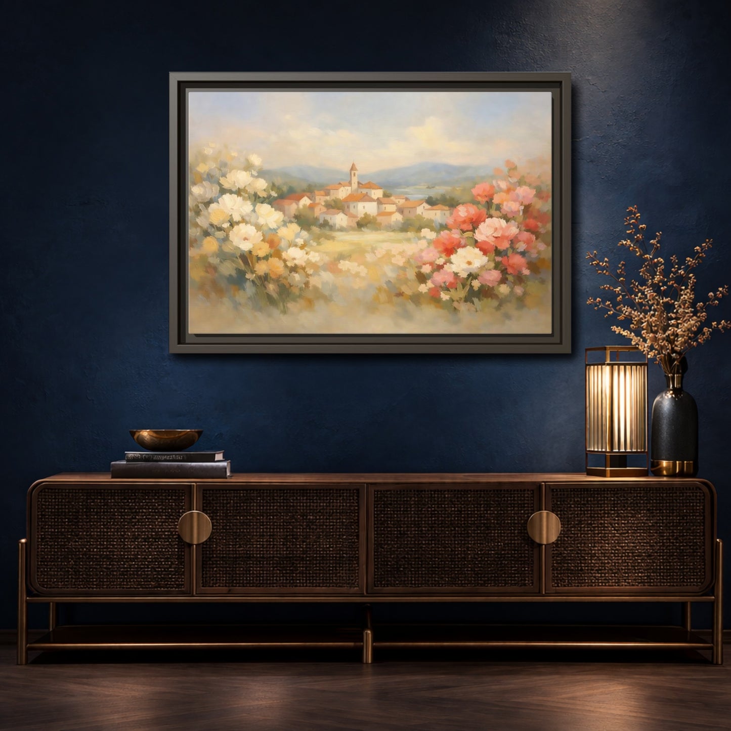 Mockup 4. Nature Village Landscape Pastel Village Landscape shown as stretched canvas wall art