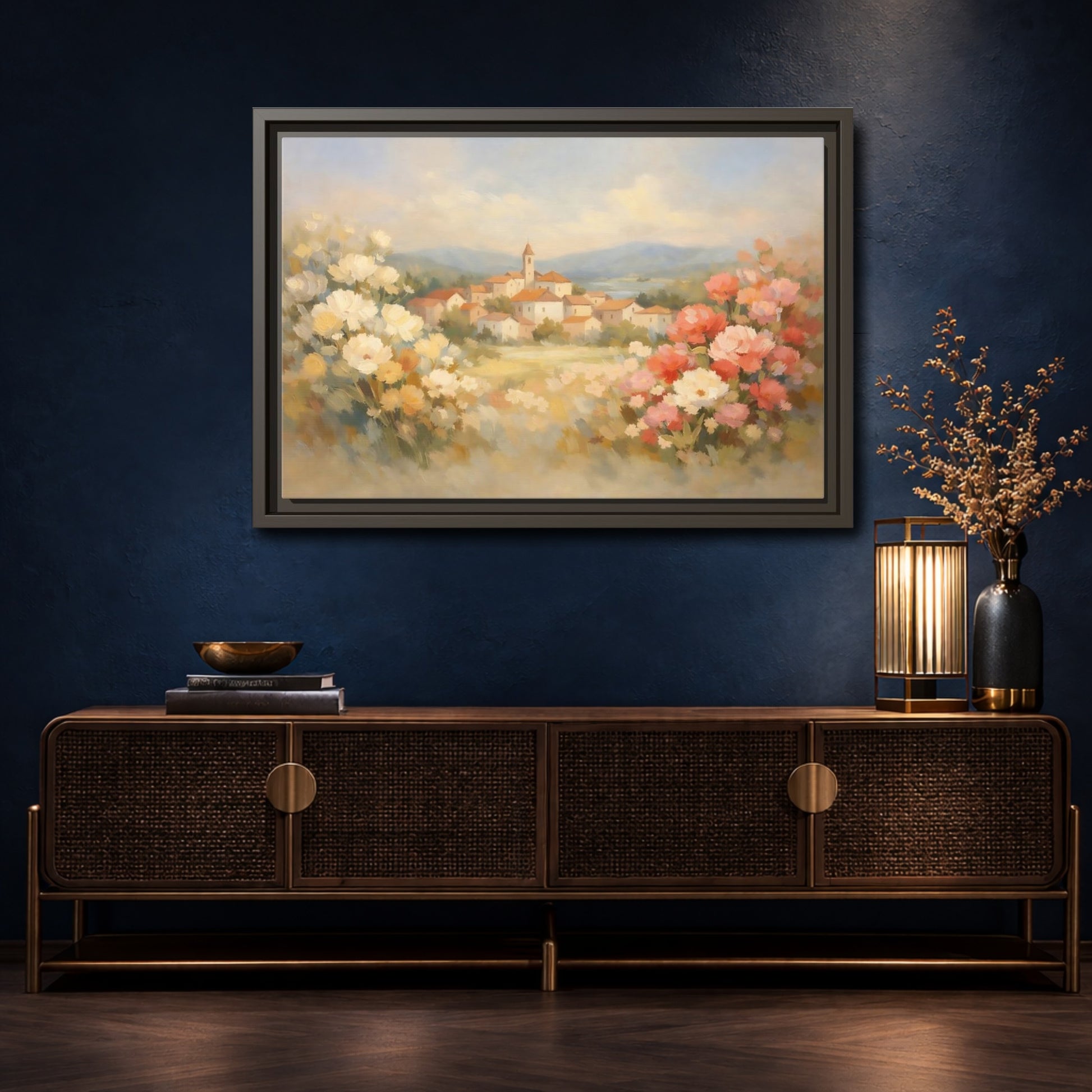 Mockup 4. Nature Village Landscape Pastel Village Landscape shown as stretched canvas wall art