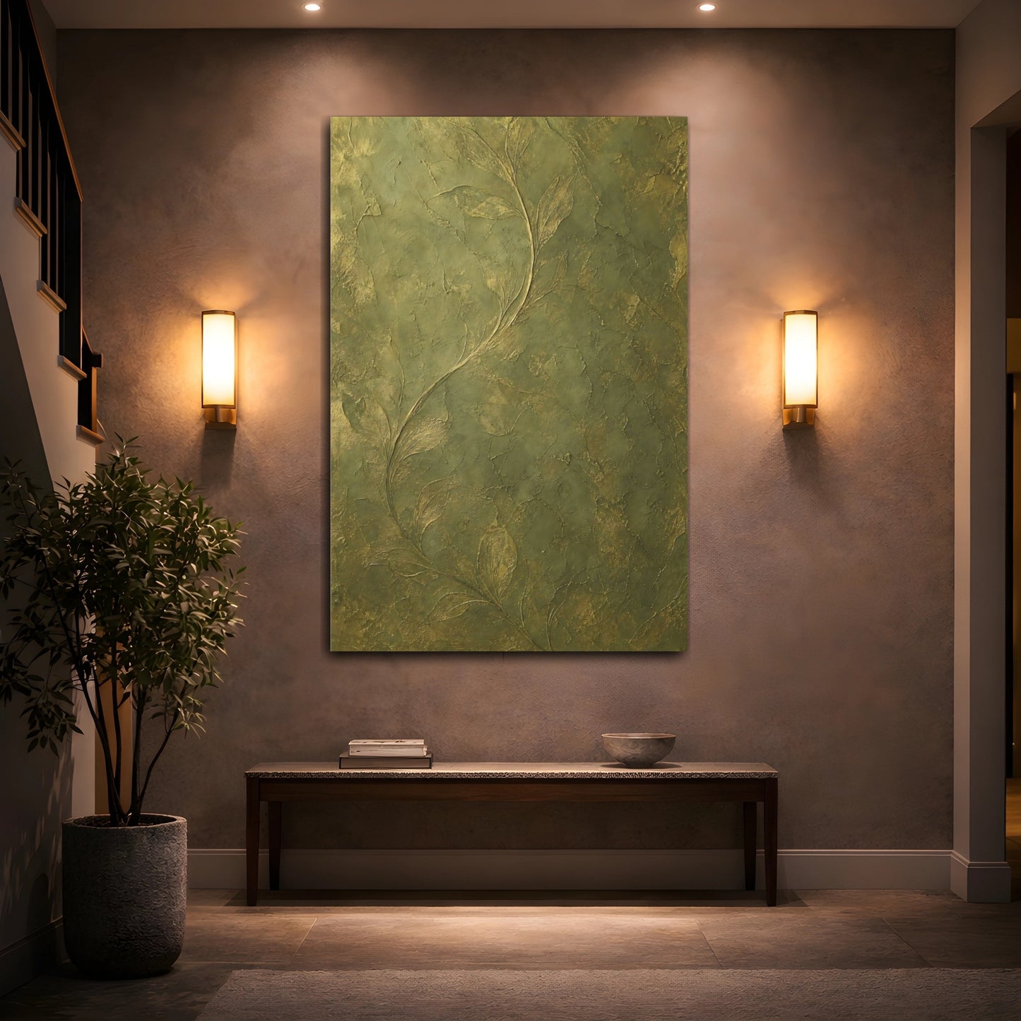 Mockup 2. Nature Vine Green And Gold shown as stretched canvas wall art
