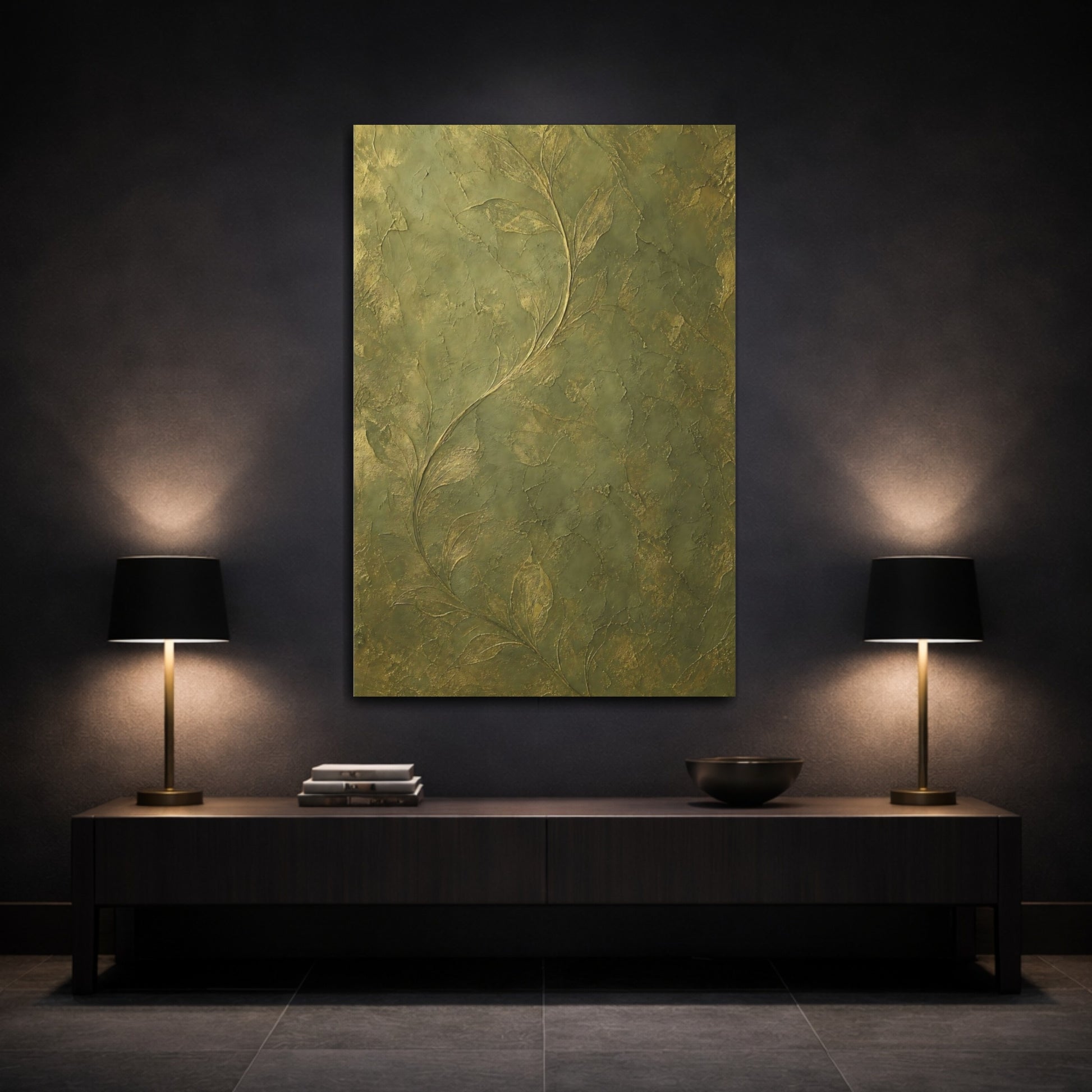 Mockup 3. Nature Vine Green And Gold shown as stretched canvas wall art
