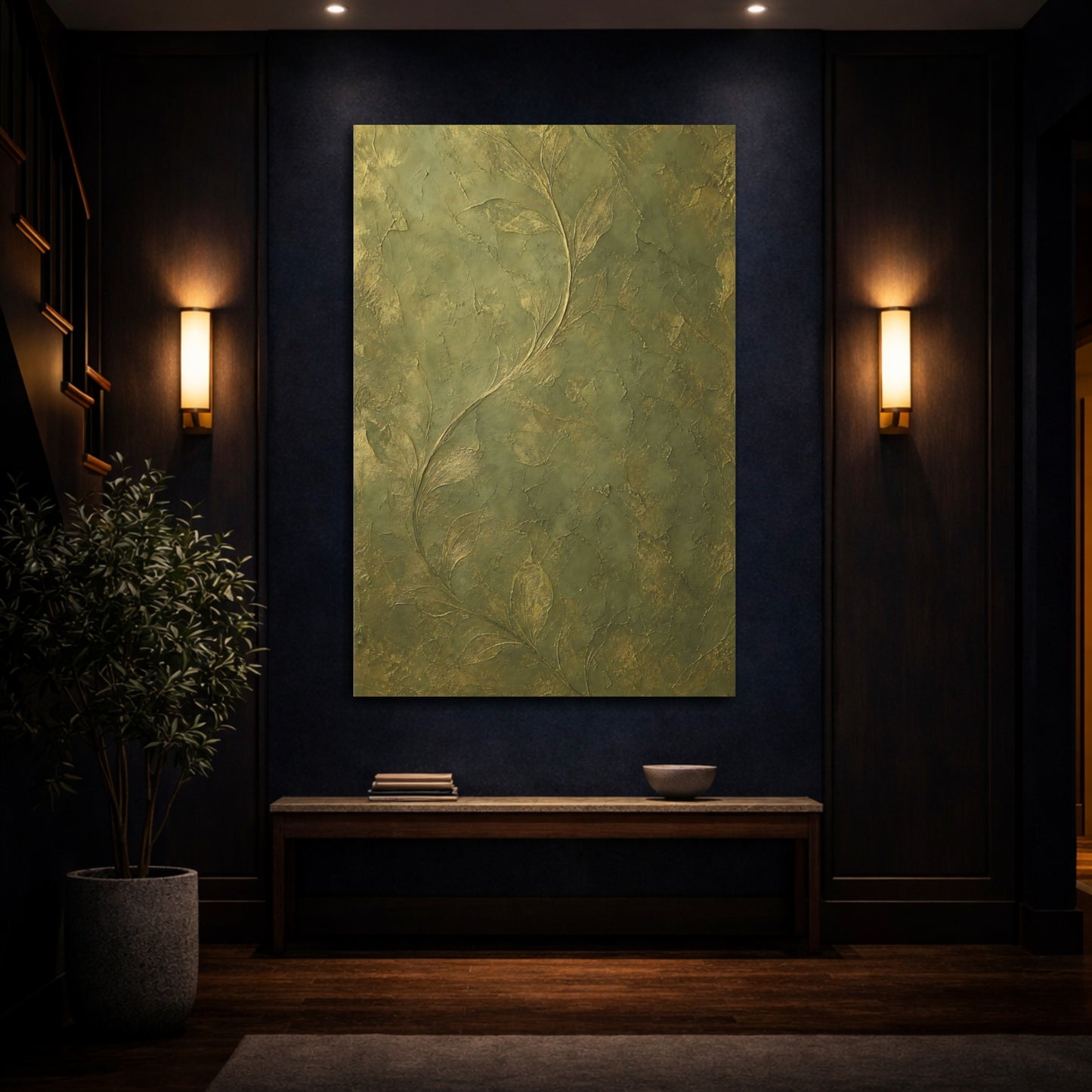 Mockup 4. Nature Vine Green And Gold shown as stretched canvas wall art