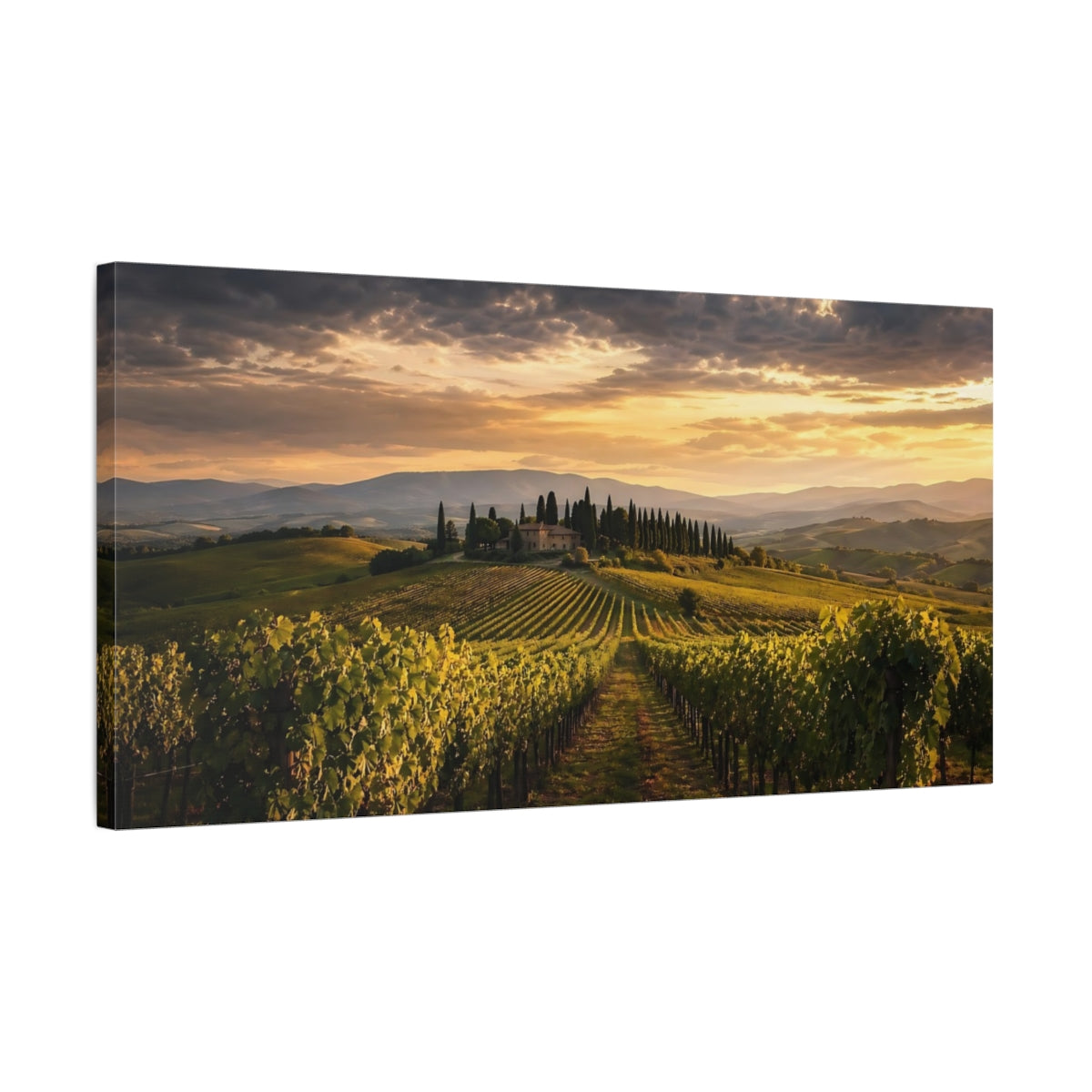 Side Mockup 1. Nature Vineyard Golden Vineyard shown as stretched canvas wall art