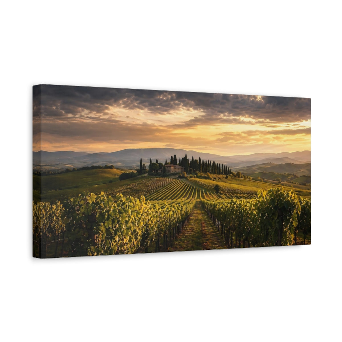Side Mockup 3. Nature Vineyard Golden Vineyard shown as stretched canvas wall art