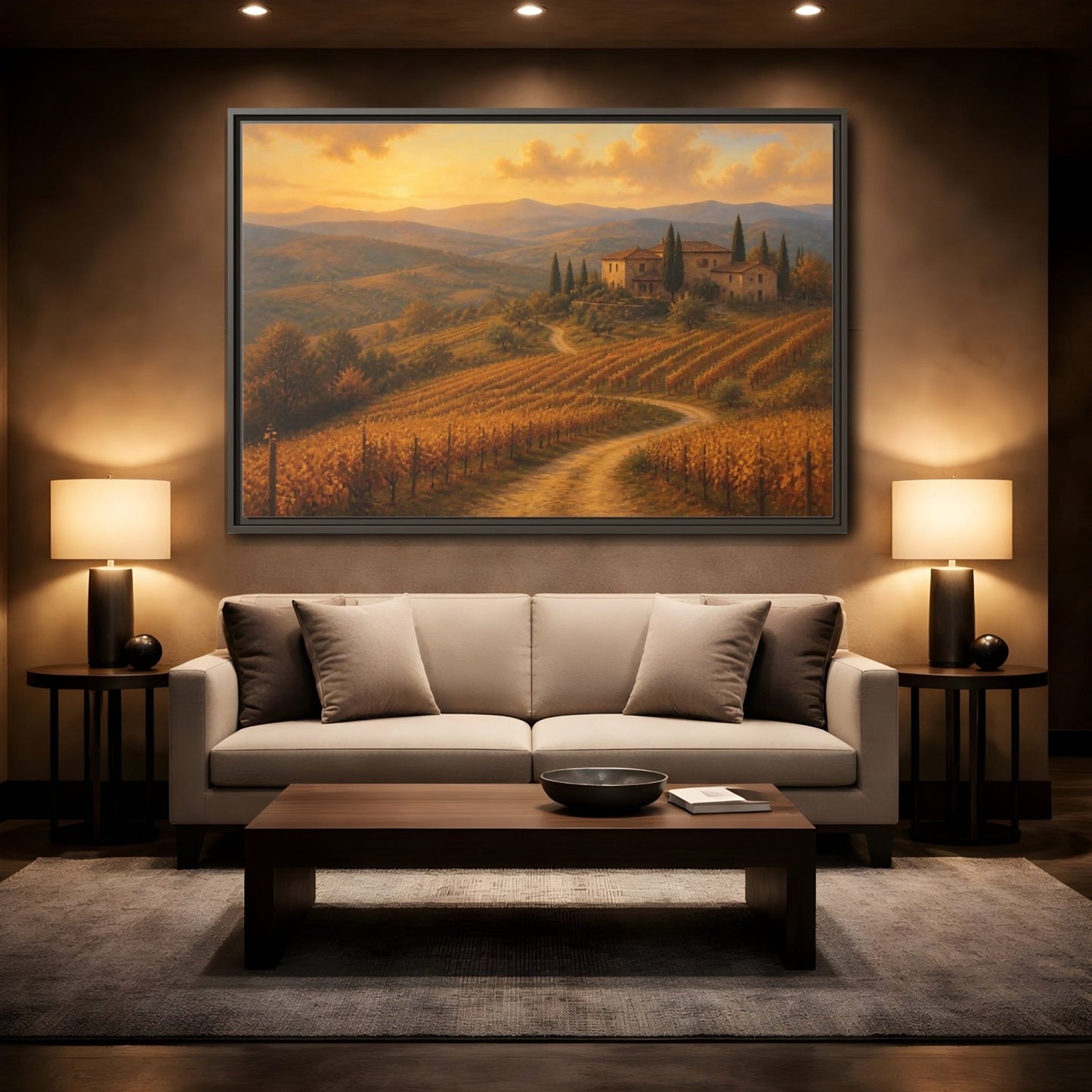 Nature Vineyard Golden Landscape Framed Canvas Wall Art Print – Living Room Decor, Above Sofa - YesArtYes