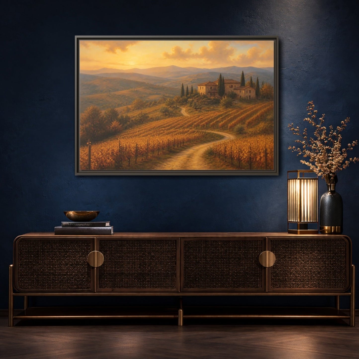 Nature Vineyard Golden Landscape Framed Canvas Wall Art Print – Living Room Decor, Above Sofa - YesArtYes