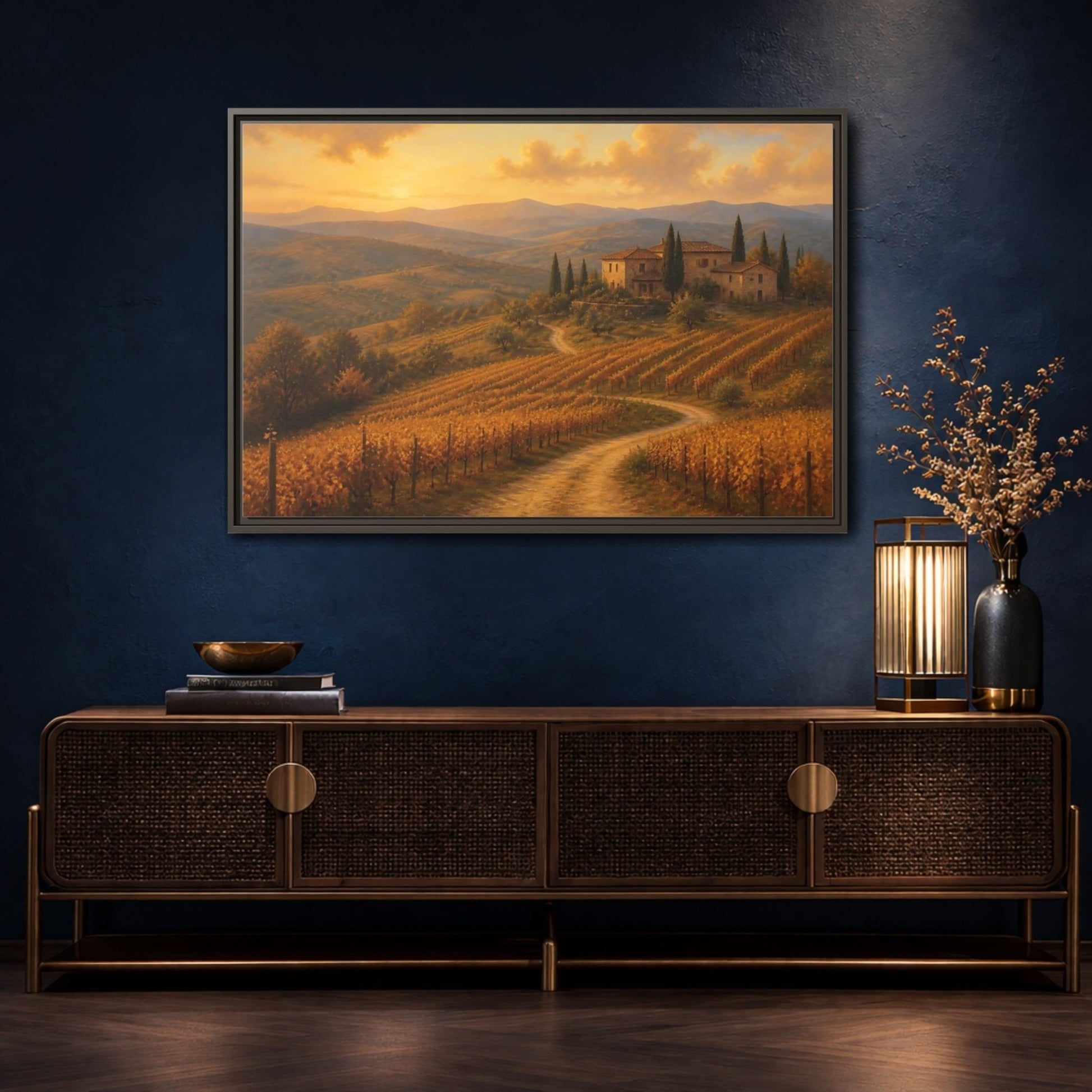 Nature Vineyard Golden Landscape Framed Canvas Wall Art Print – Living Room Decor, Above Sofa - YesArtYes