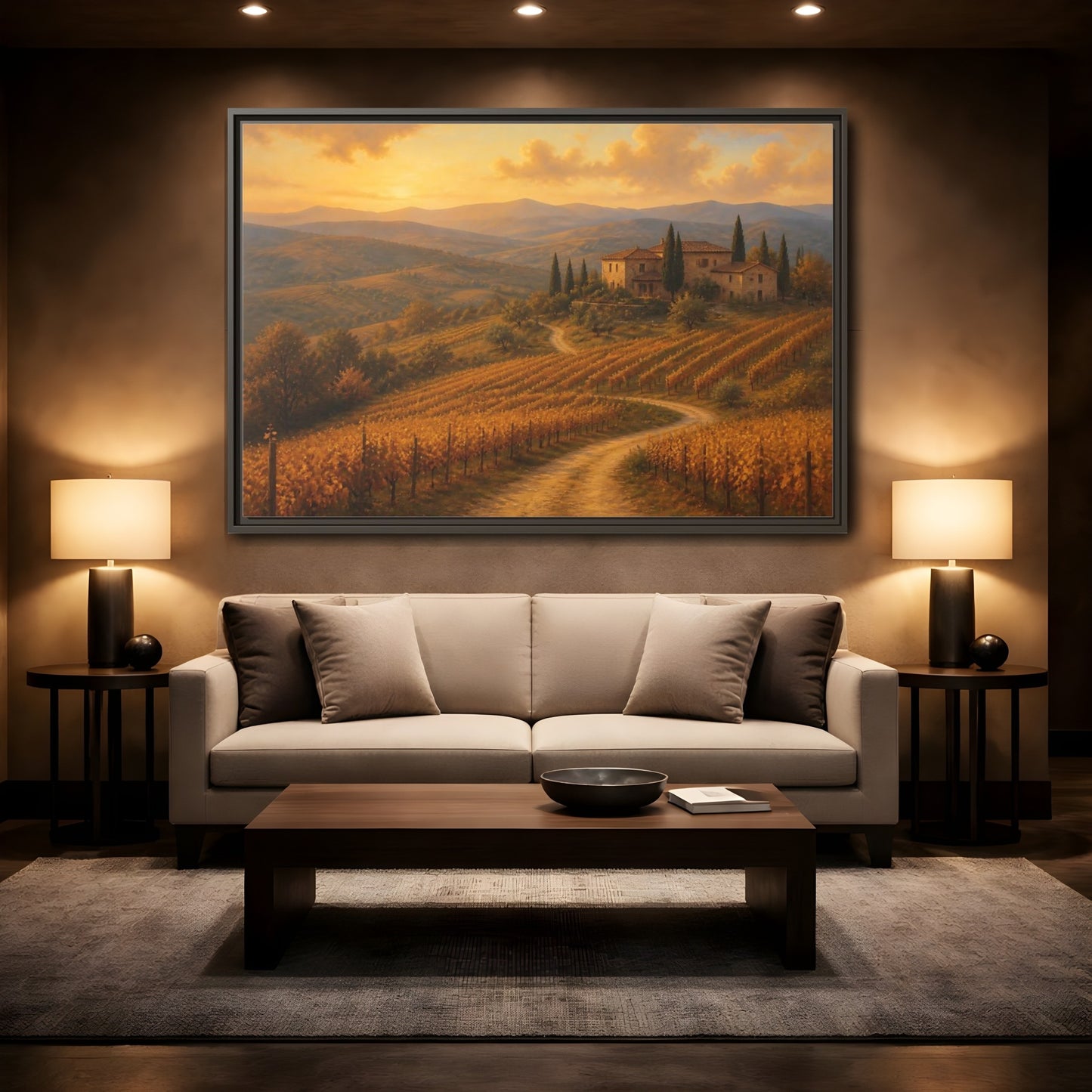 Mockup 2. Nature Vineyard Golden Landscape shown as stretched canvas wall art